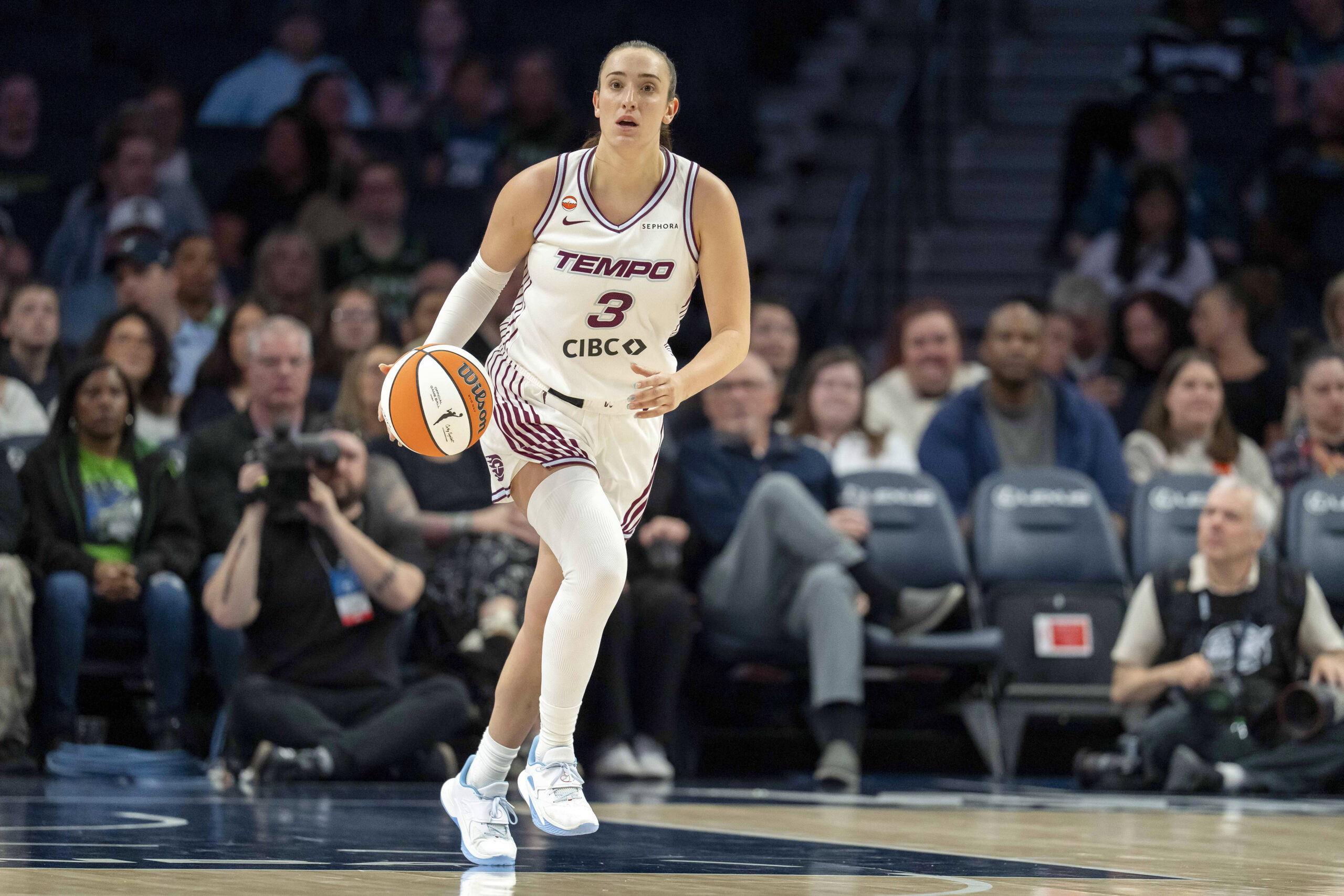 May 21, 2026; Minneapolis, Minnesota, USA; Toronto Tempo guard Marina Mabrey (3) dribbles the ball against the Minnesota Lynx in the first half at Target Center. Mandatory Credit: Jesse Johnson-Imagn Images