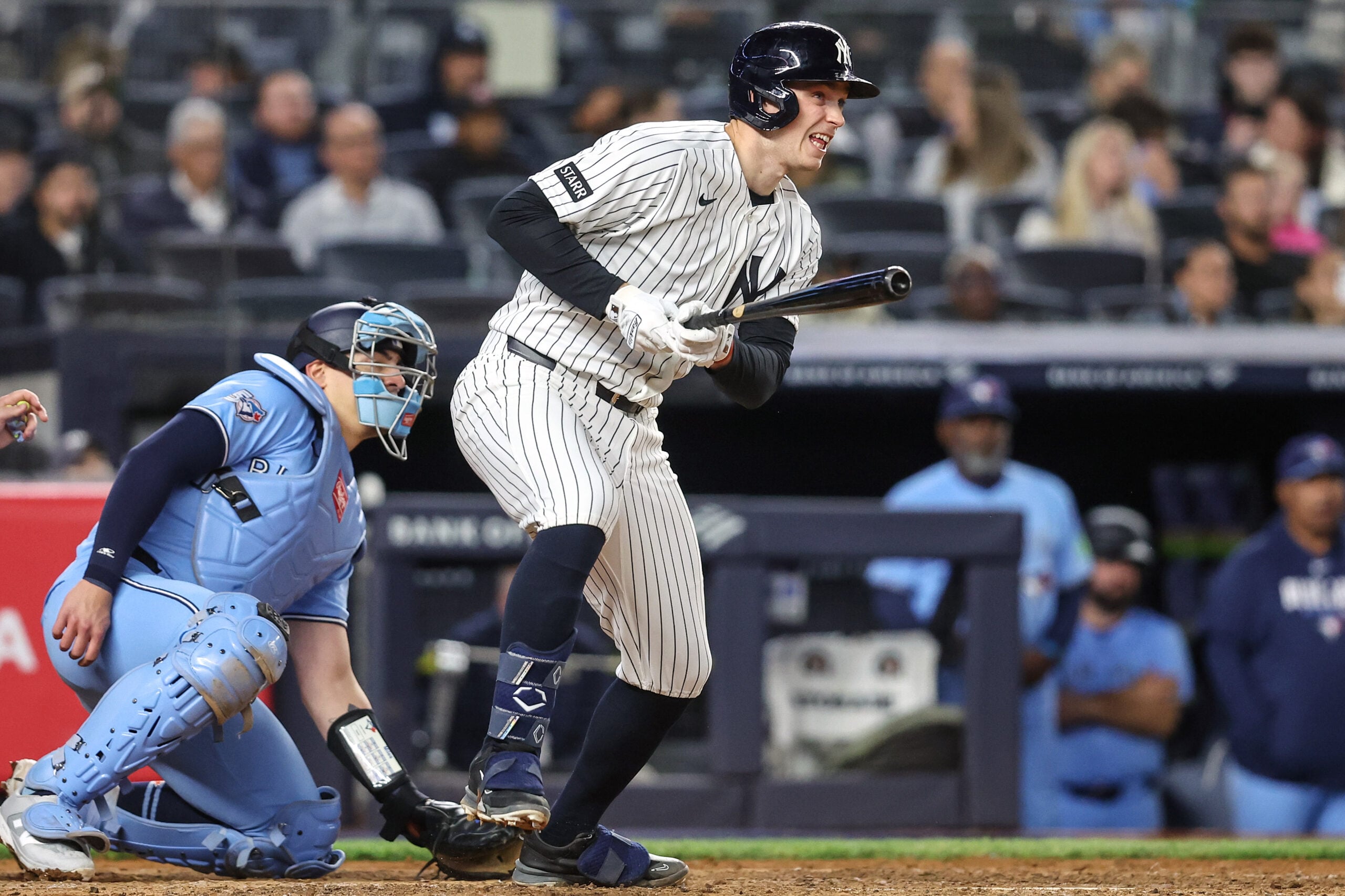 May 21, 2026; Bronx, New York, USA; New York Yankees designated hitter Ben Rice (22) hits a single in the sixth inning against the Toronto Blue Jays at Yankee Stadium. Mandatory Credit: Wendell Cruz-Imagn Images
