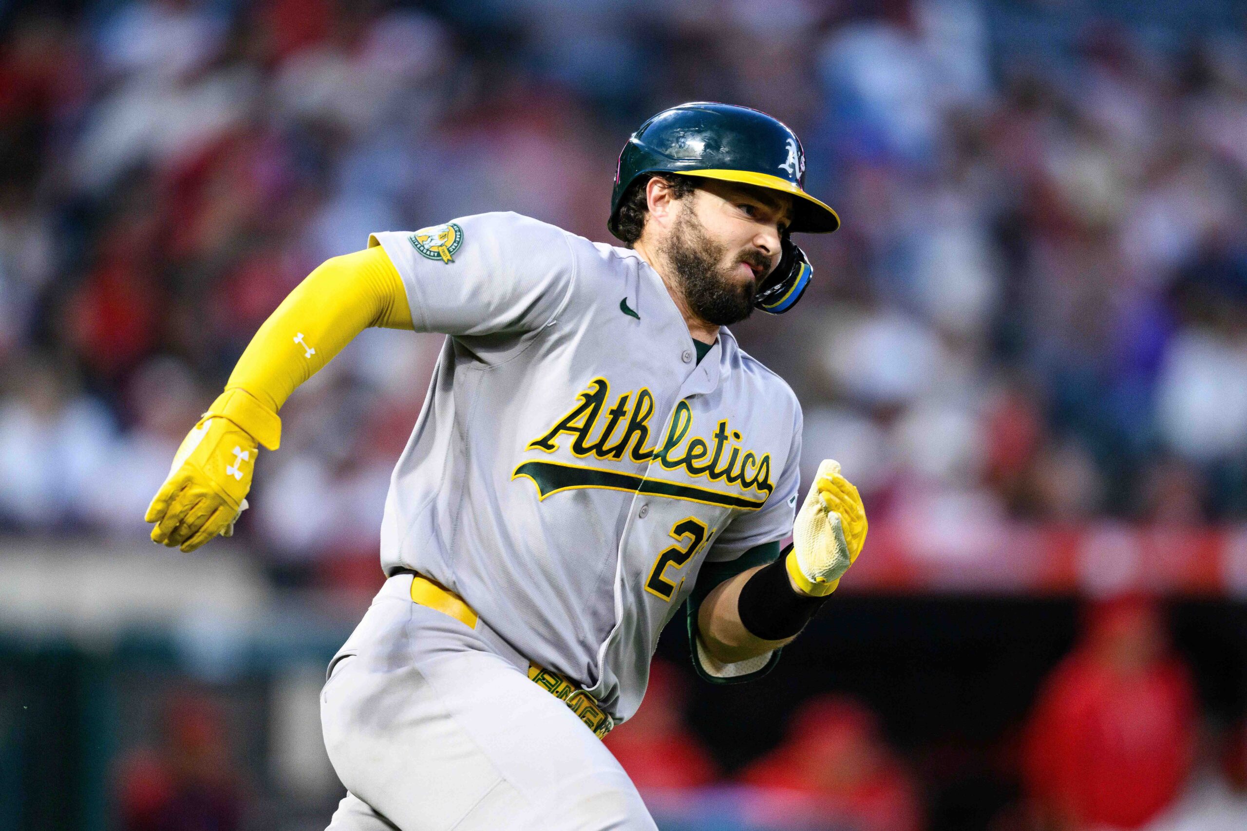 May 21, 2026; Anaheim, California, USA; Athletics catcher Shea Langeliers (23) runs after hitting a double during the sixth inning against the Los Angeles Angels at Angel Stadium. Mandatory Credit: William Liang-Imagn Images