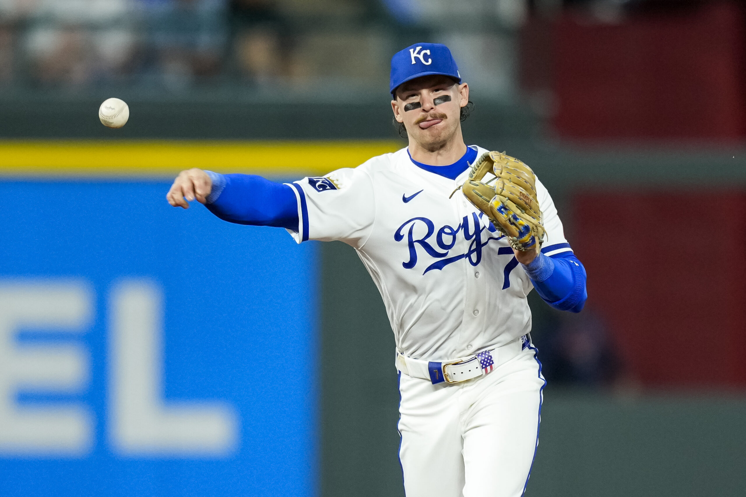 May 20, 2026; Kansas City, Missouri, USA; Kansas City Royals shortstop Bobby Witt Jr. (7) throws to first base during the eighth inning against the Boston Red Sox at Kauffman Stadium. Mandatory Credit: Jay Biggerstaff-Imagn Images