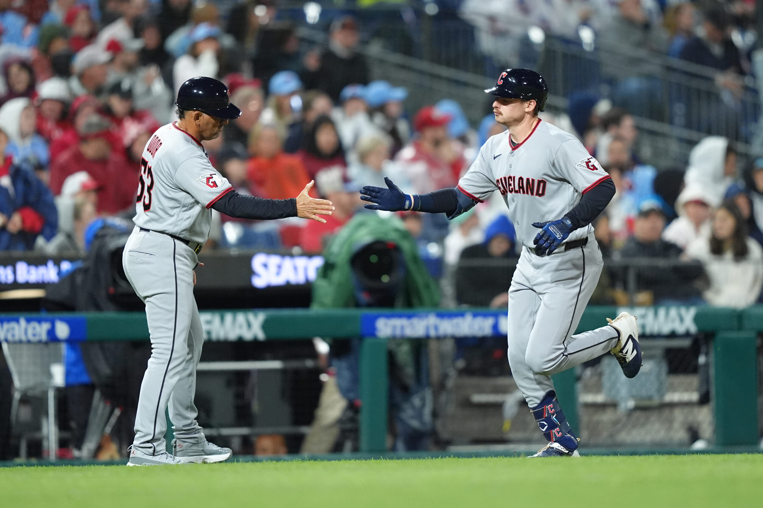 May 22, 2026; Philadelphia, Pennsylvania, USA; Cleveland Guardians infielder Kyle Manzardo (9) rounds the bases after hitting a home run against the Philadelphia Phillies in the ninth inning at Citizens Bank Park. Mandatory Credit: Kyle Ross-Imagn Images