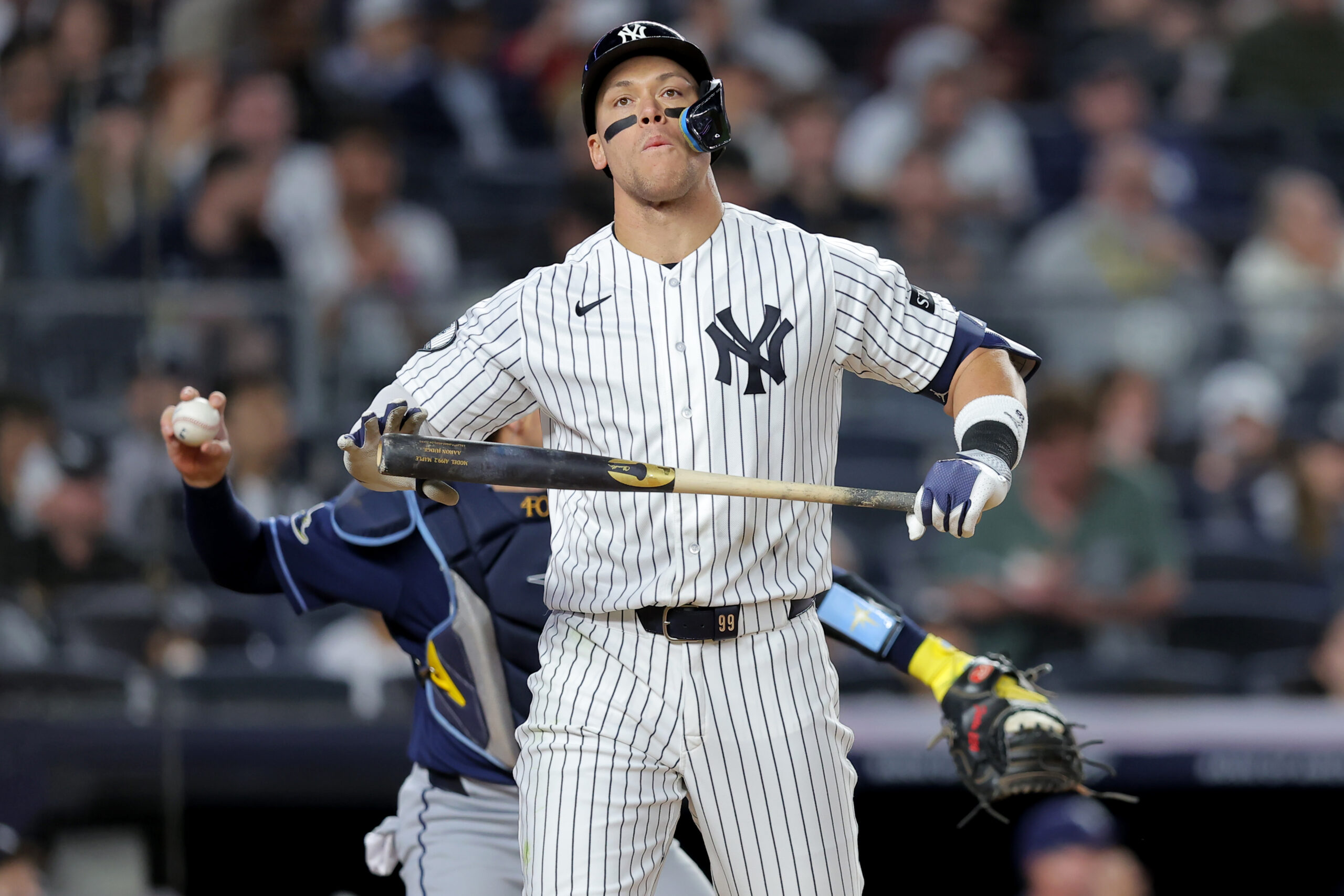 May 22, 2026; Bronx, New York, USA; New York Yankees right fielder Aaron Judge (99) reacts after striking out to end the seventh inning against the Tampa Bay Rays at Yankee Stadium. Mandatory Credit: Brad Penner-Imagn Images