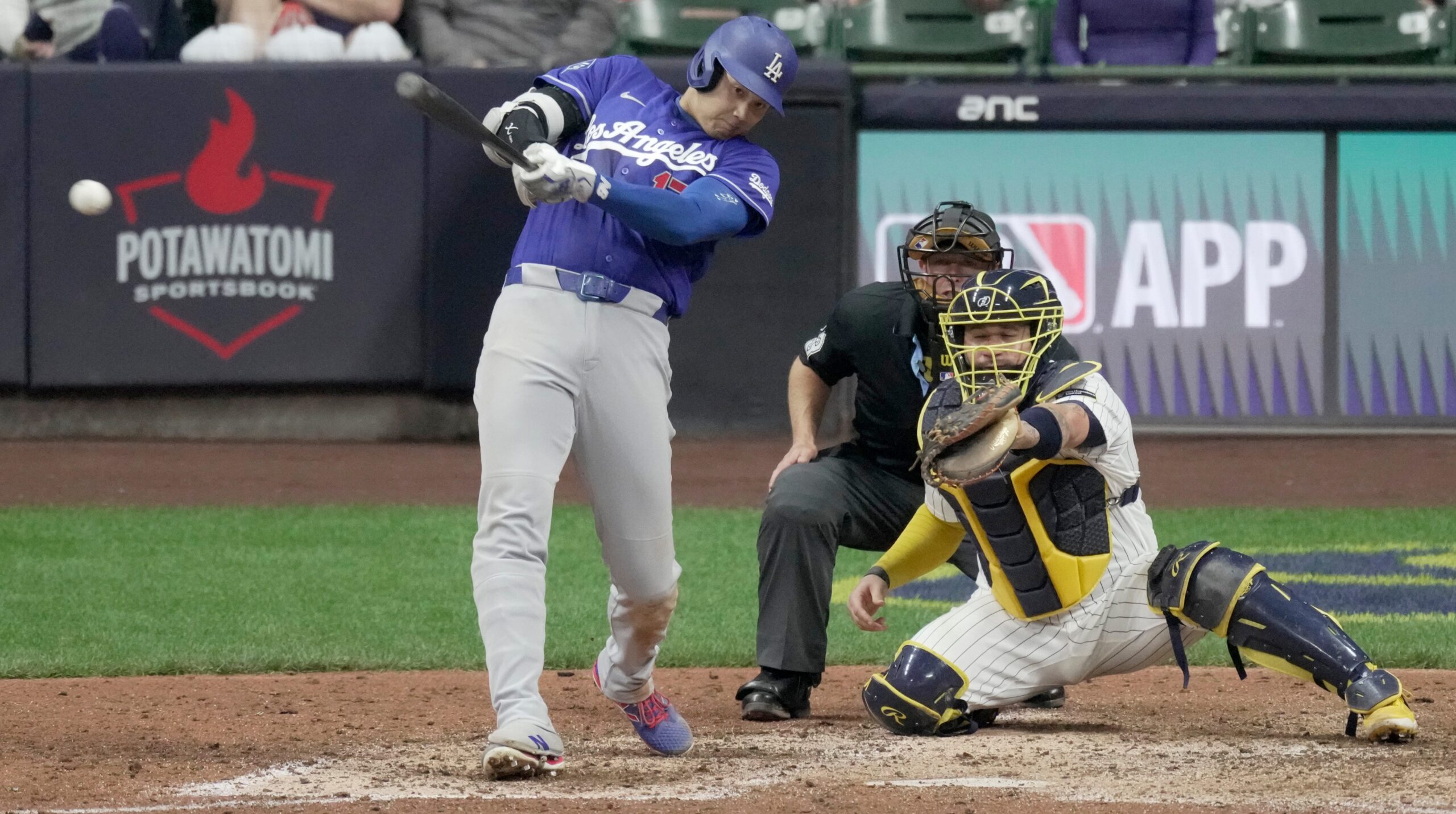 Los Angeles Dodgers two-way player Shohei Ohtani (17) hits an RBI single during the ninth inning of their game against the Milwaukee Brewers Saturday, May 23, 2026 at American Family Field in Milwaukee, Wisconsin.