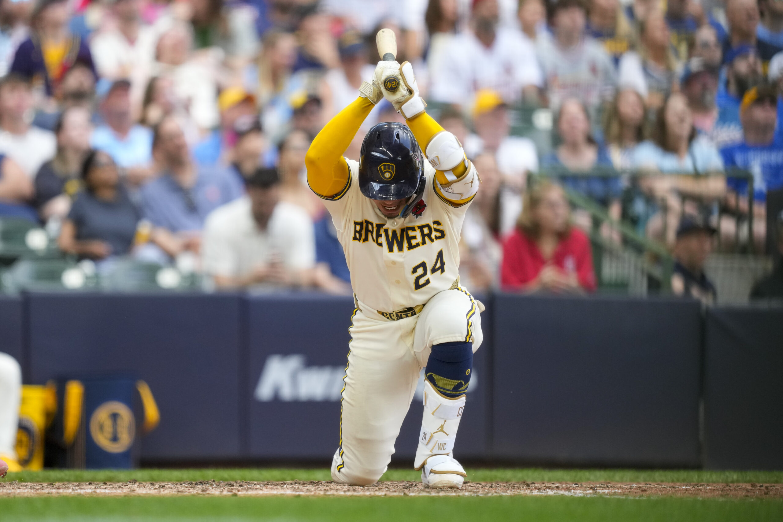 May 25, 2026; Milwaukee, Wisconsin, USA; Milwaukee Brewers catcher William Contreras (24) slams his bat after hitting a fly ball during the seventh inning against the St. Louis Cardinals at American Family Field. Mandatory Credit: Jeff Hanisch-Imagn Images
