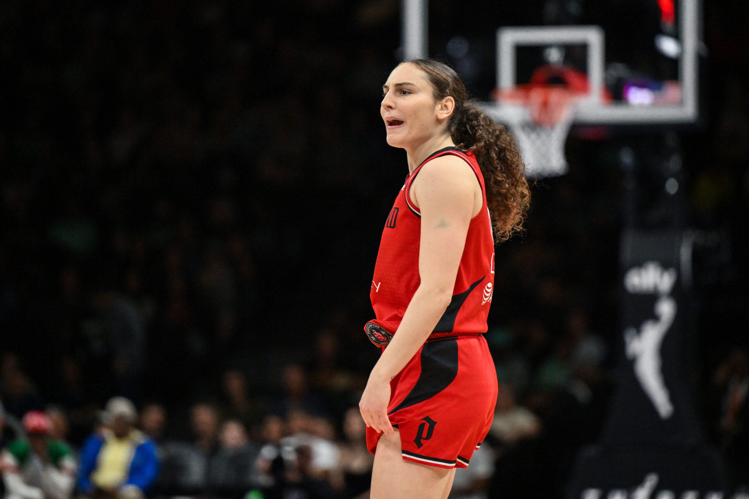 May 25, 2026; Brooklyn, New York, USA; Portland Fire guard Carla Leite (0) reacts during the second half against the New York Liberty at Barclays Center. Mandatory Credit: John Jones-Imagn Images