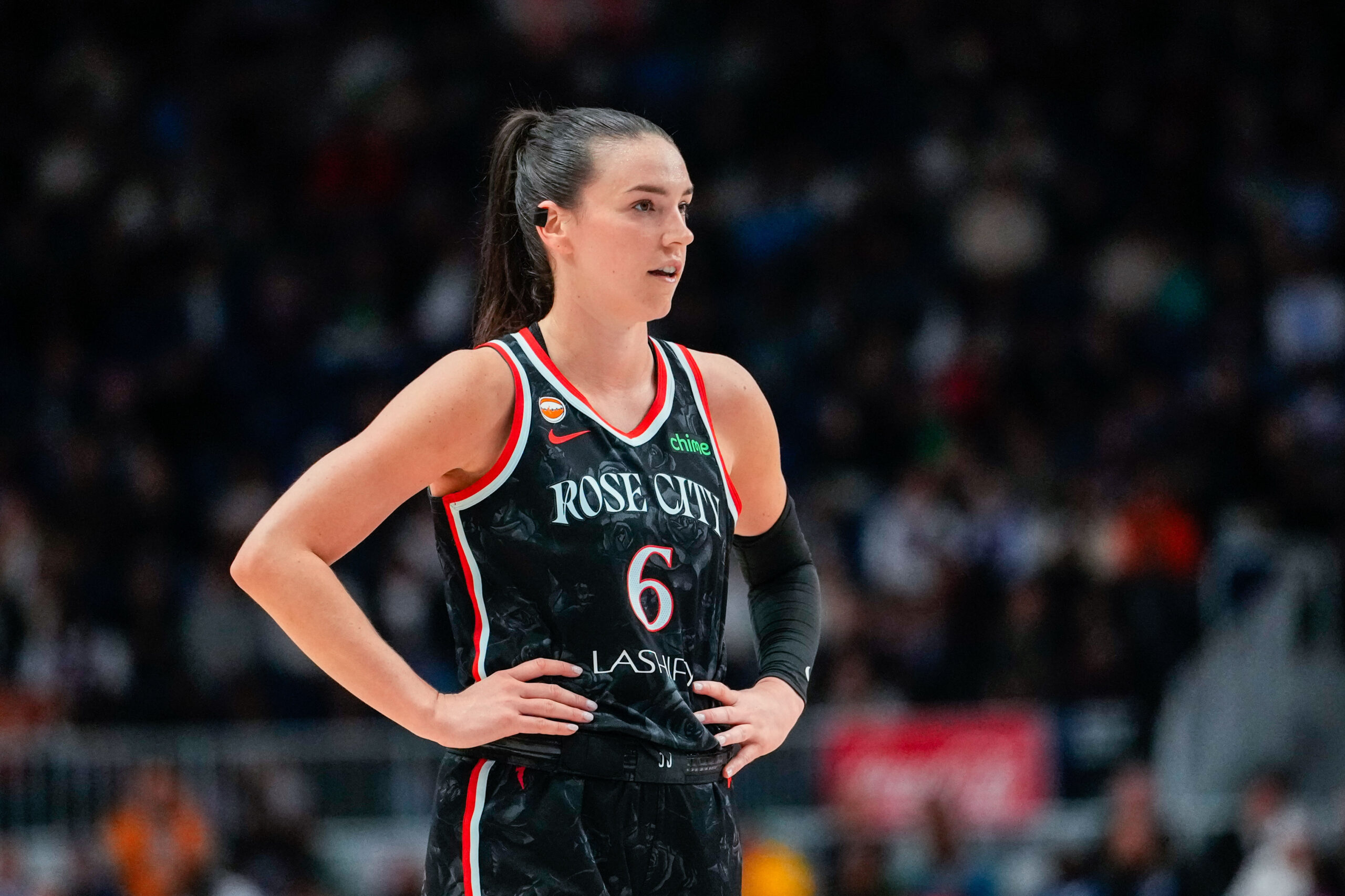 May 23, 2026; Toronto, Ontario, CAN;  Portland Fire forward Bridget Carleton (6) looks on against the Toronto Tempo at Coca-Cola Coliseum. Mandatory Credit: Kevin Sousa-Imagn Images