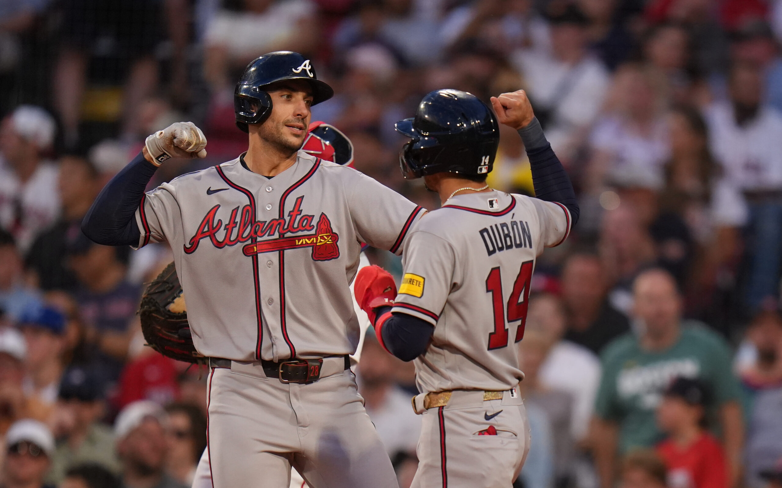 May 26, 2026; Boston, Massachusetts, USA; Atlanta Braves first baseman Matt Olson (28) is congratulated after hitting a two run home run against the Boston Red Sox in the fifth inning at Fenway Park. Mandatory Credit: David Butler II-Imagn Images