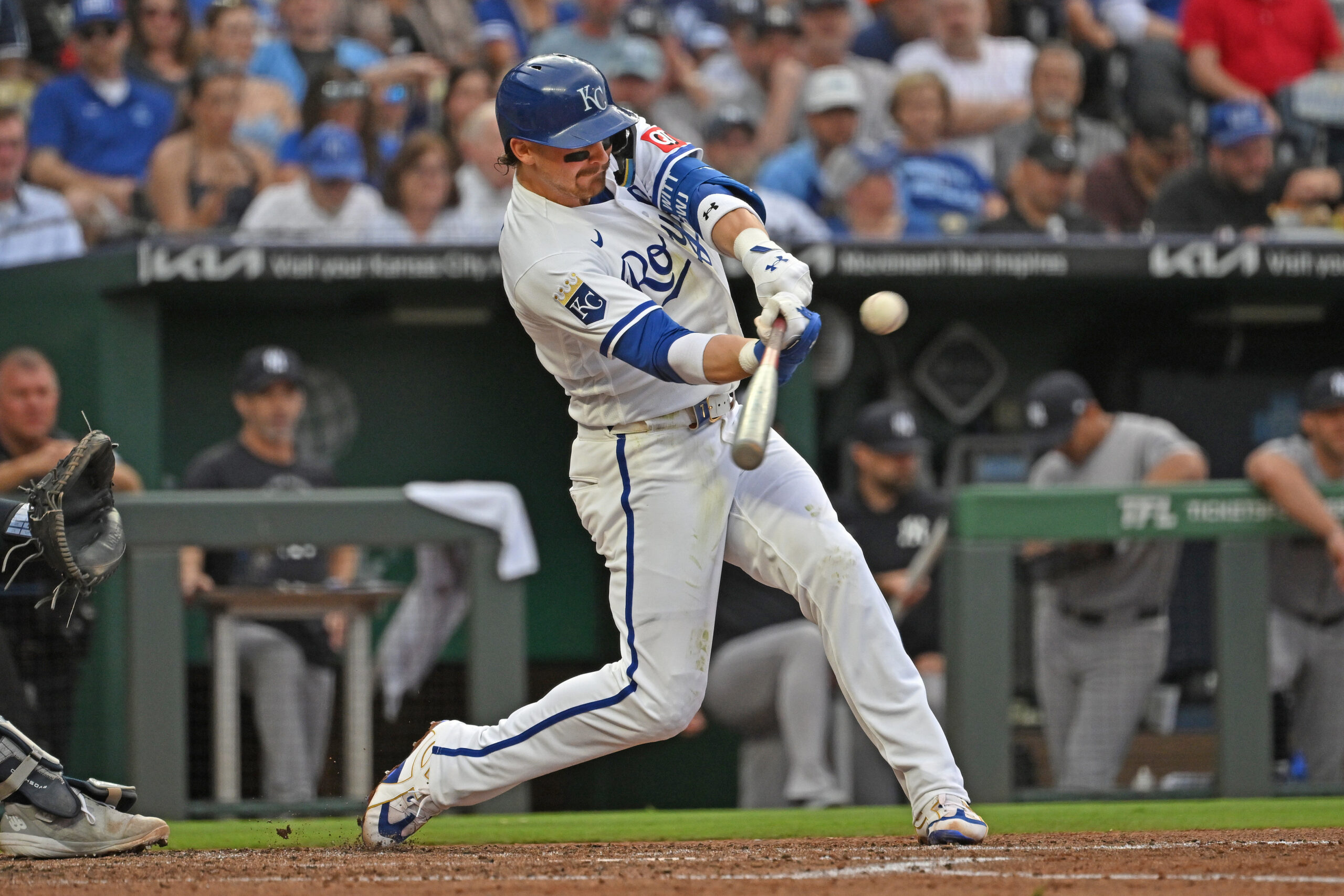 May 26, 2026; Kansas City, Missouri, USA;  Kansas City Royals shortstop Bobby Witt Jr. (7) hits a solo home run in the third inning against the New York Yankees at Kauffman Stadium. Mandatory Credit: Peter Aiken-Imagn Images