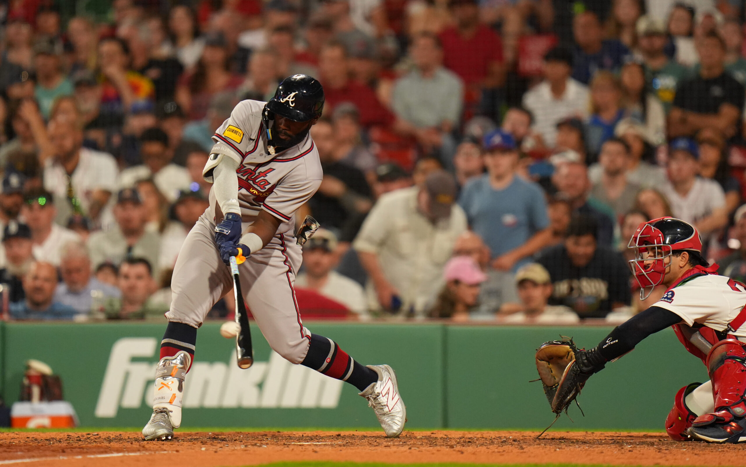 May 26, 2026; Boston, Massachusetts, USA; Atlanta Braves center fielder Michael Harris II (23) hits a two run home run against the Boston Red Sox in the eighth inning at Fenway Park. Mandatory Credit: David Butler II-Imagn Images