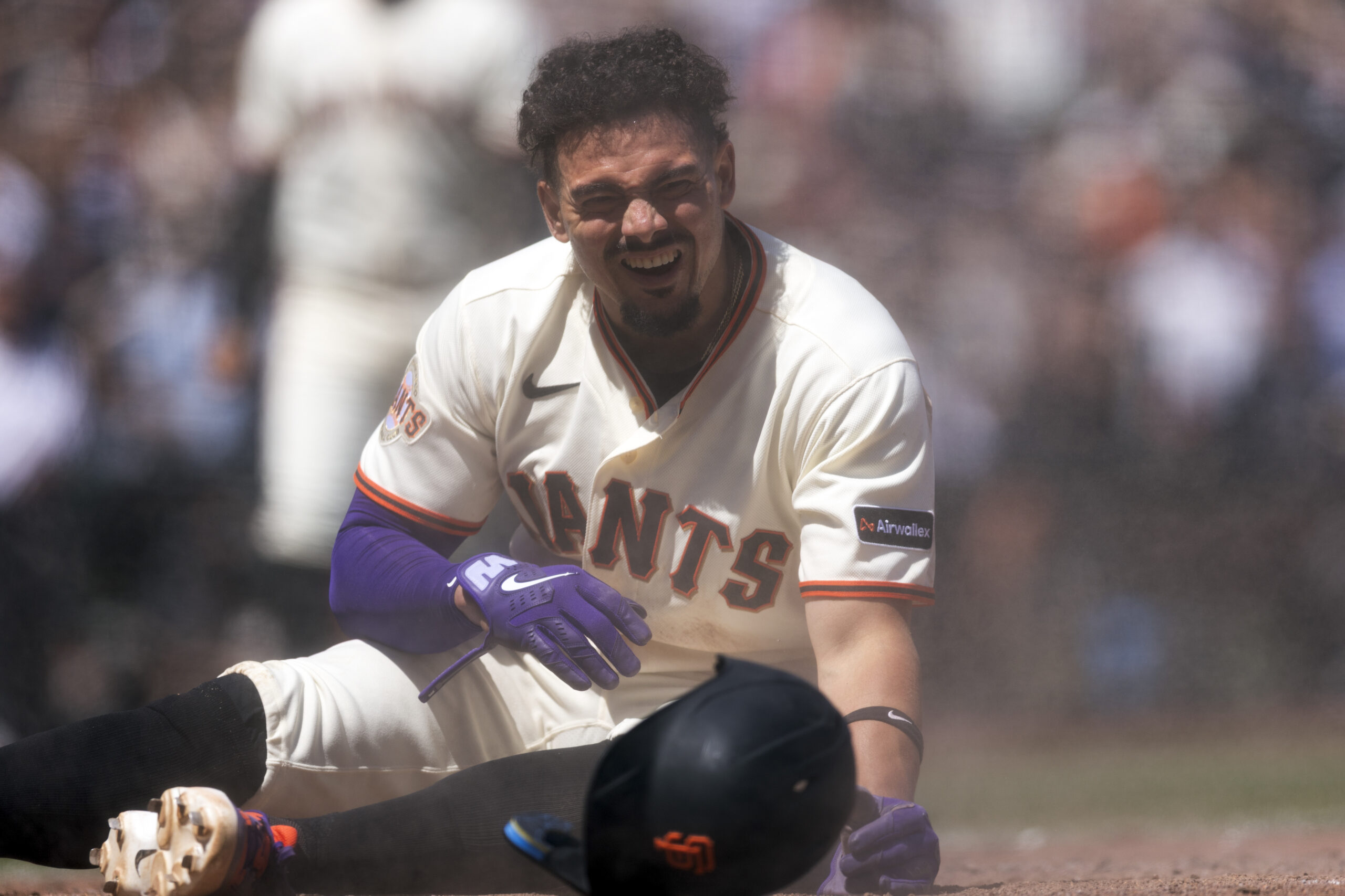 May 27, 2026; San Francisco, California, USA; San Francisco Giants shortstop Willy Adames (2) reacts to being thrown out at the plate against the Arizona Diamondbacks during the eighth inning at Oracle Park. Mandatory Credit: D. Ross Cameron-Imagn Images