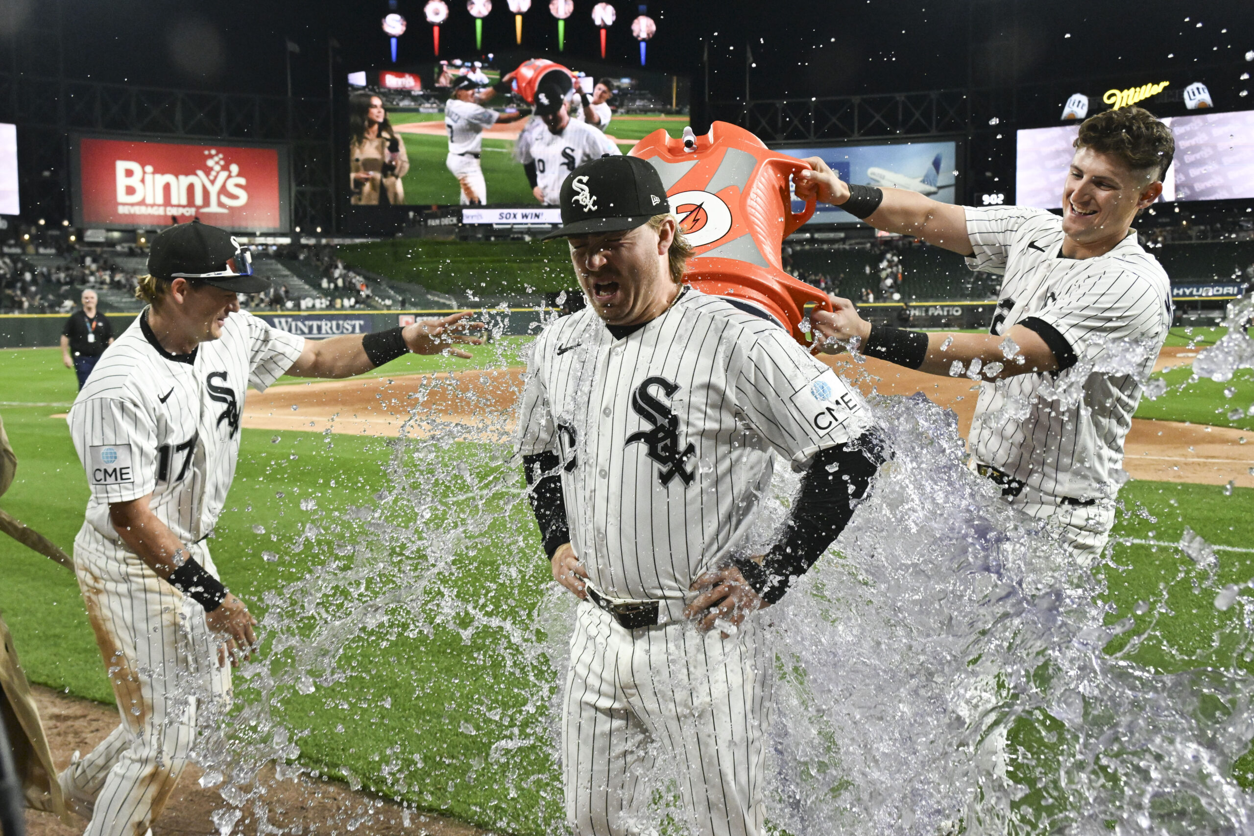 May 27, 2026; Chicago, Illinois, USA;  Chicago White Sox second baseman Chase Meidroth (10) is dunked by left fielder Sam Antonacci (10) left, and shortstop Colson Montgomery (12) after the game against the Minnesota Twins at Rate Field. Mandatory Credit: Matt Marton-Imagn Images