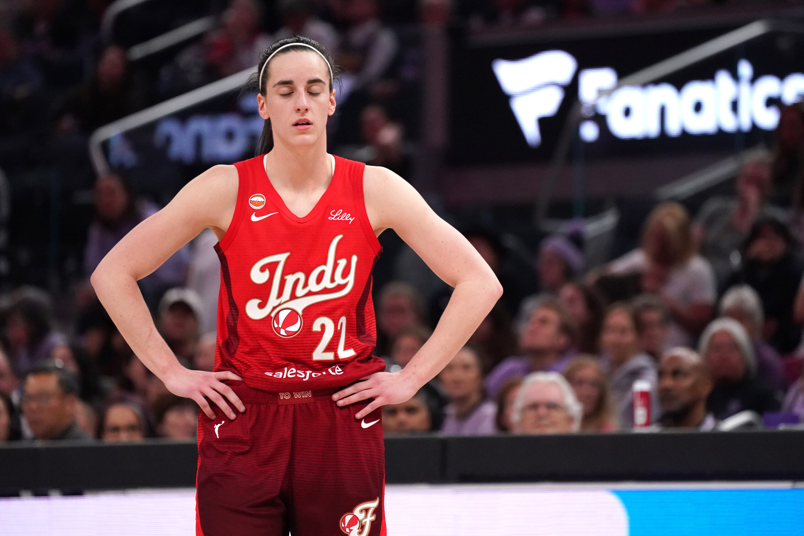 May 28, 2026; San Francisco, California, USA;  Indiana Fever guard Caitlin Clark (22) waits for play to resume against the Golden State Valkyries in the third quarter at Chase Center. Mandatory Credit: David Gonzales-Imagn Images