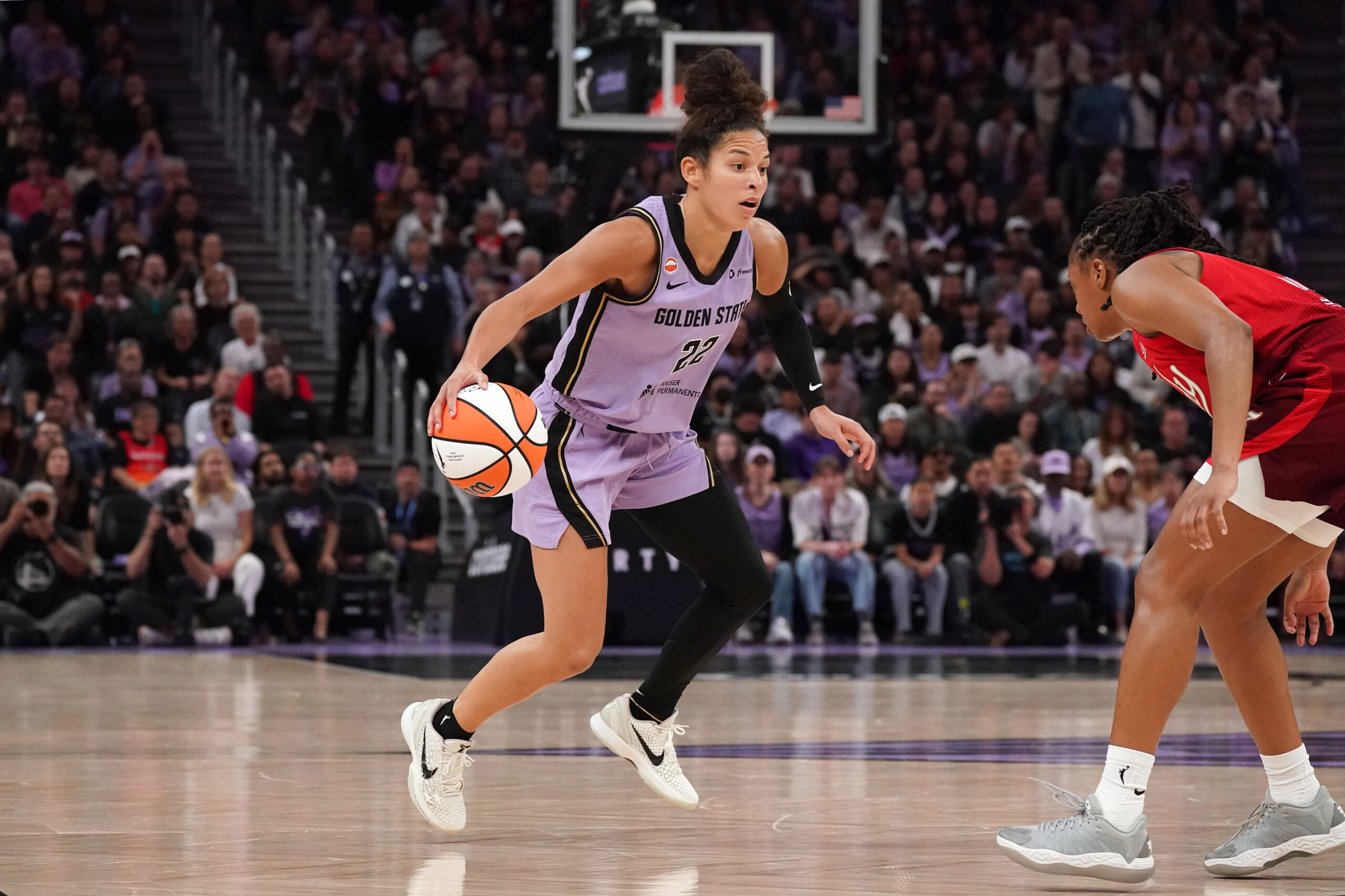 May 28, 2026; San Francisco, California, USA;  Golden State Valkyries guard Veronica Burton (22) dribbles against Indiana Fever guard Kelsey Mitchell (0) in the fourth quarter at Chase Center. Mandatory Credit: David Gonzales-Imagn Images