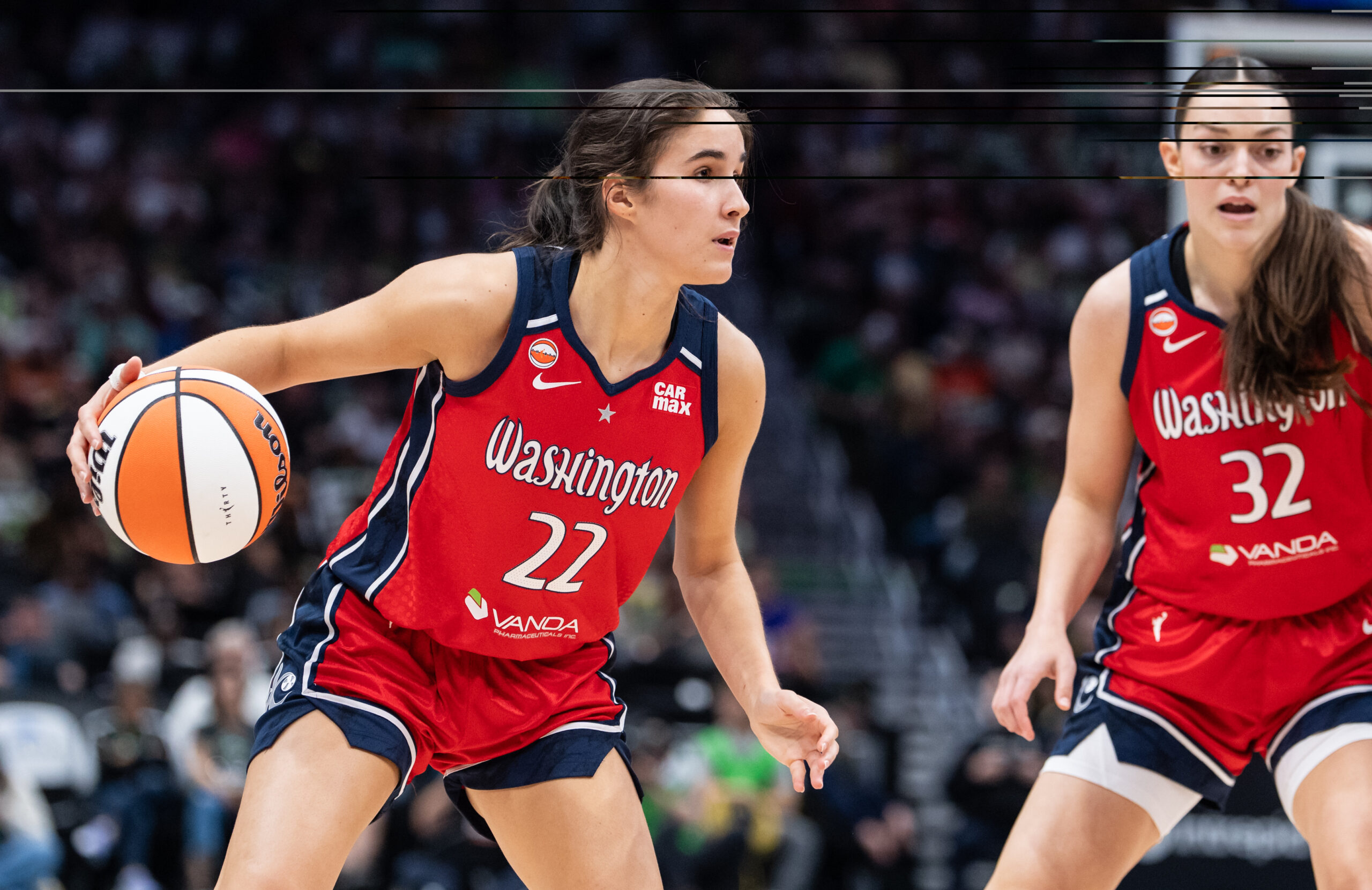 May 24, 2026; Seattle, Washington, USA; Washington Mystics guard Sonia Citron (22) dribbles the ball against the Seattle Storm at Climate Pledge Arena. Mandatory Credit: Stephen Brashear-Imagn Images