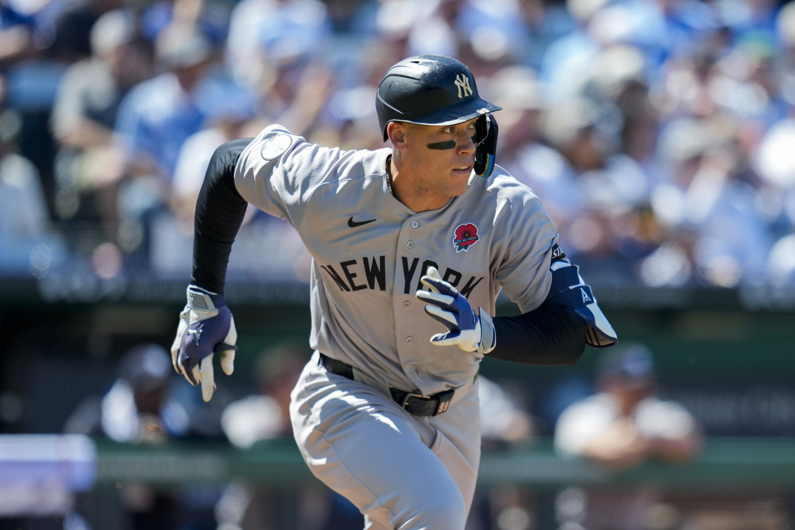 May 25, 2026; Kansas City, Missouri, USA; New York Yankees right fielder Aaron Judge (99) runs to first base during the third inning against the Kansas City Royals at Kauffman Stadium. Mandatory Credit: Jay Biggerstaff-Imagn Images