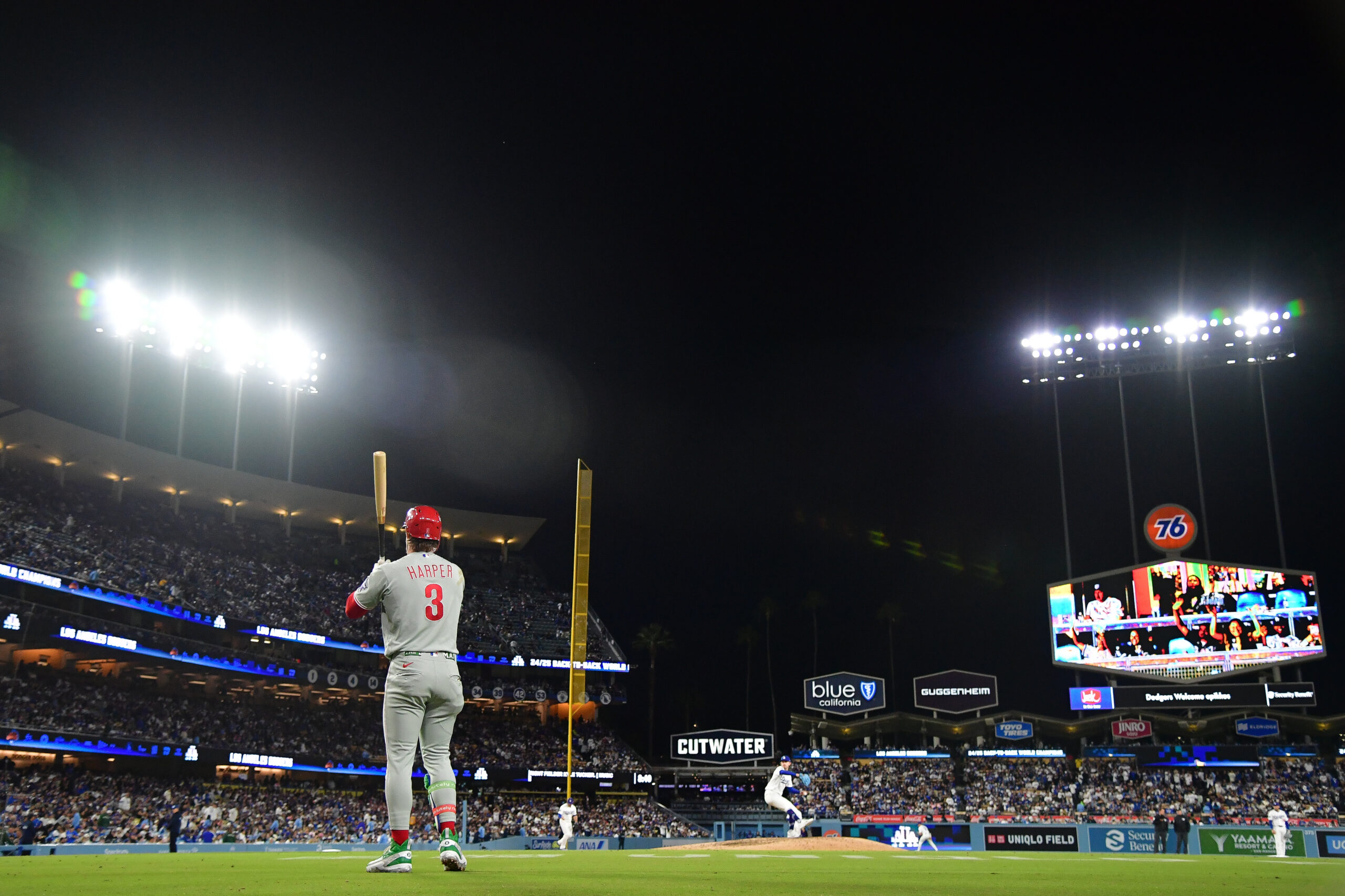 May 29, 2026; Los Angeles, California, USA; Philadelphia Phillies first baseman Bryce Harper (3) before hitting against the Los Angeles Dodgers during the seventh inning  at Dodger Stadium. Mandatory Credit: Gary A. Vasquez-Imagn Images
