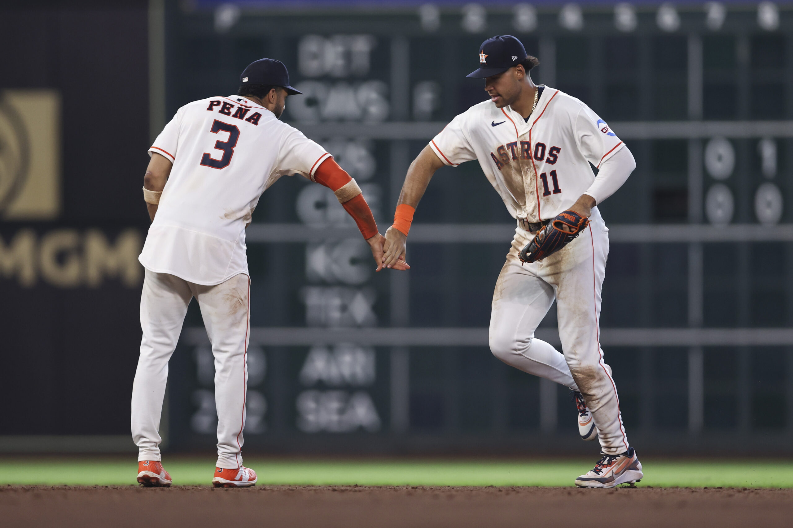 May 30, 2026; Houston, Texas, USA; Houston Astros shortstop Jeremy Pena (3) and right fielder Cam Smith (11) celebrate after the game against the Milwaukee Brewers at Daikin Park. Mandatory Credit: Troy Taormina-Imagn Images