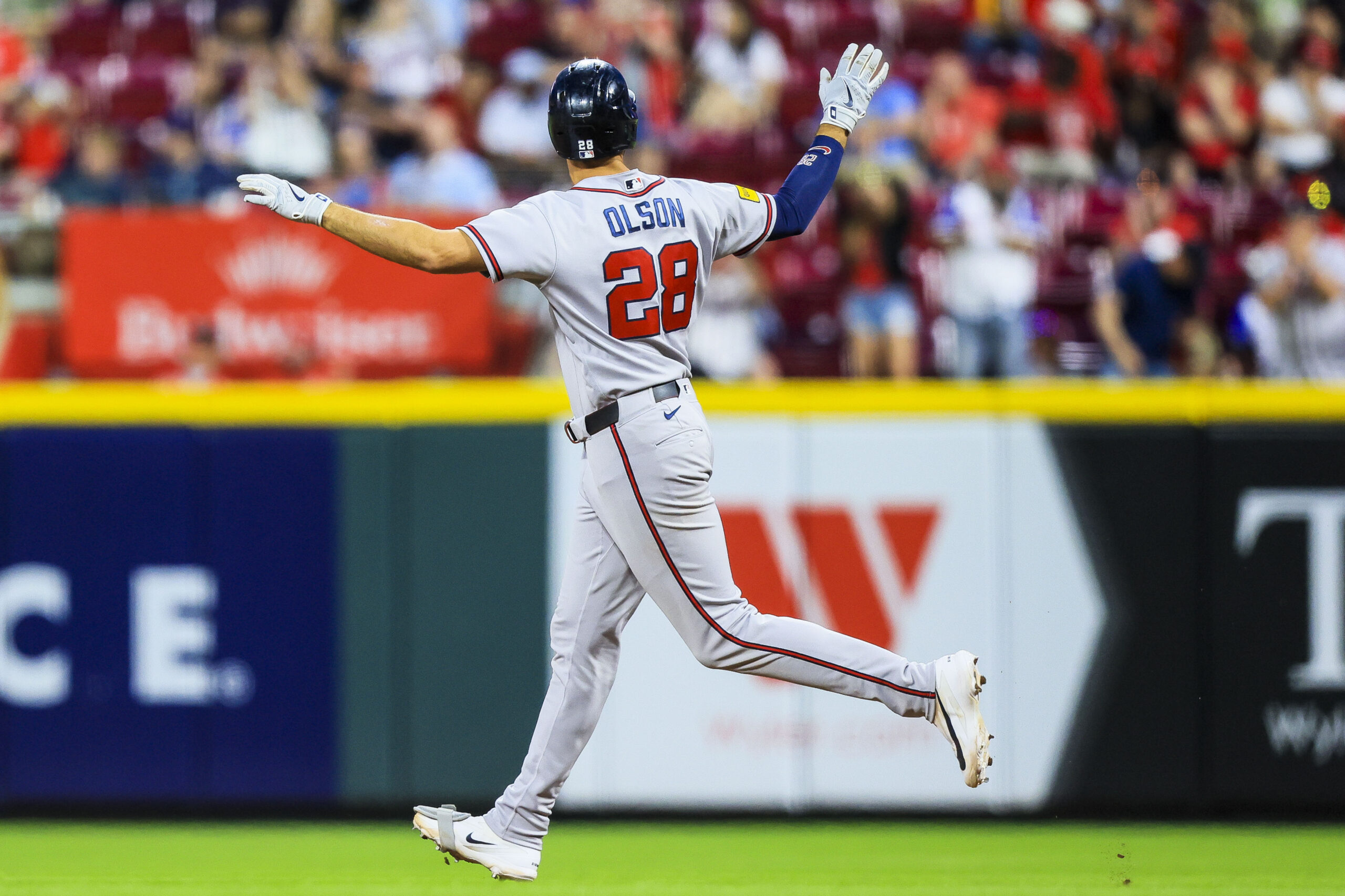 May 30, 2026; Cincinnati, Ohio, USA; Atlanta Braves first baseman Matt Olson (28) runs the bases after hitting a solo home run in the seventh inning against the Cincinnati Reds at Great American Ball Park. Mandatory Credit: Katie Stratman-Imagn Images