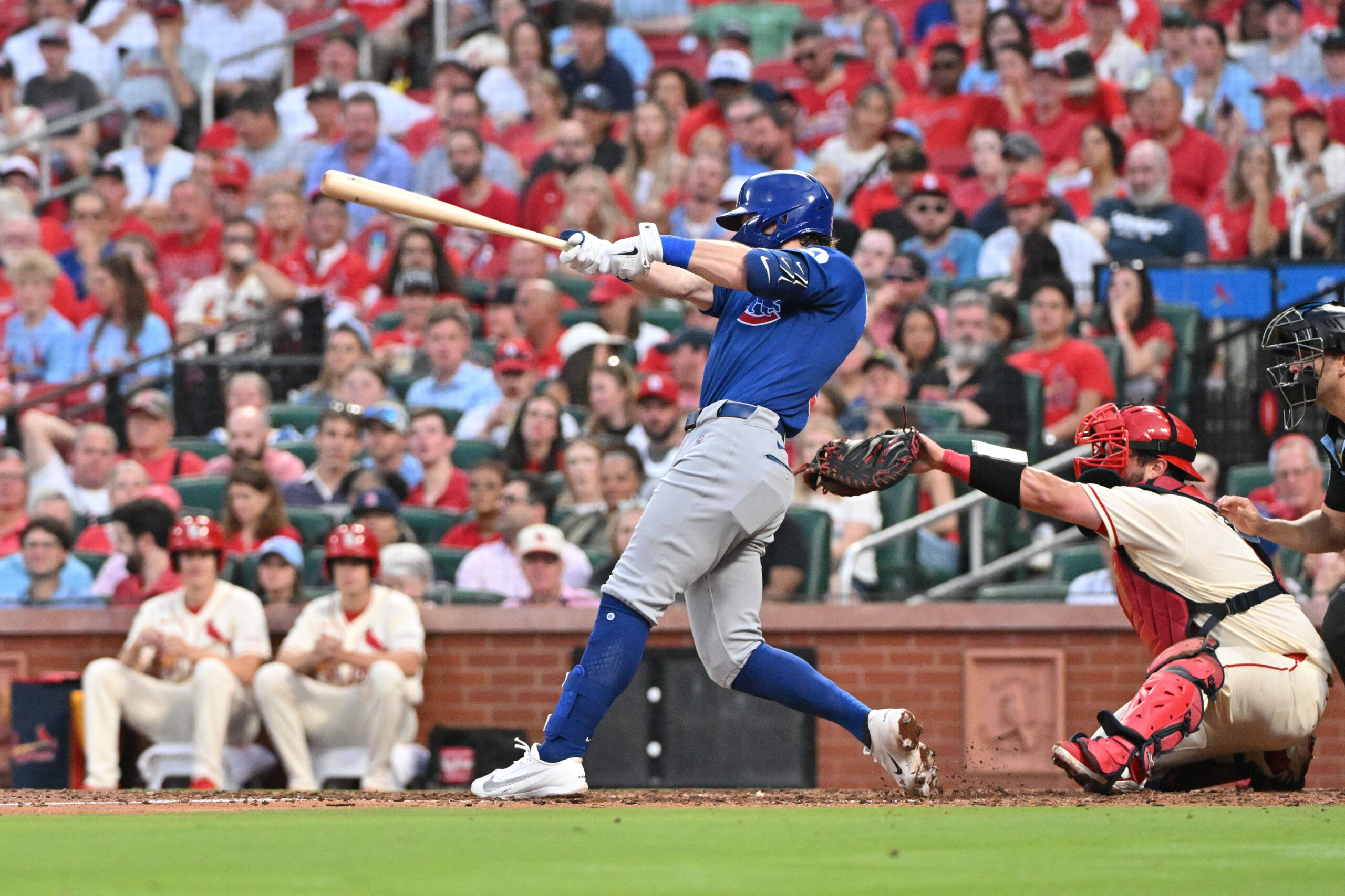 May 30, 2026; St. Louis, Missouri, USA; Chicago Cubs second baseman Nico Hoerner (2) hits an RBI single against the St. Louis Cardinals during the sixth inning at Busch Stadium. Mandatory Credit: Jeff Le-Imagn Images