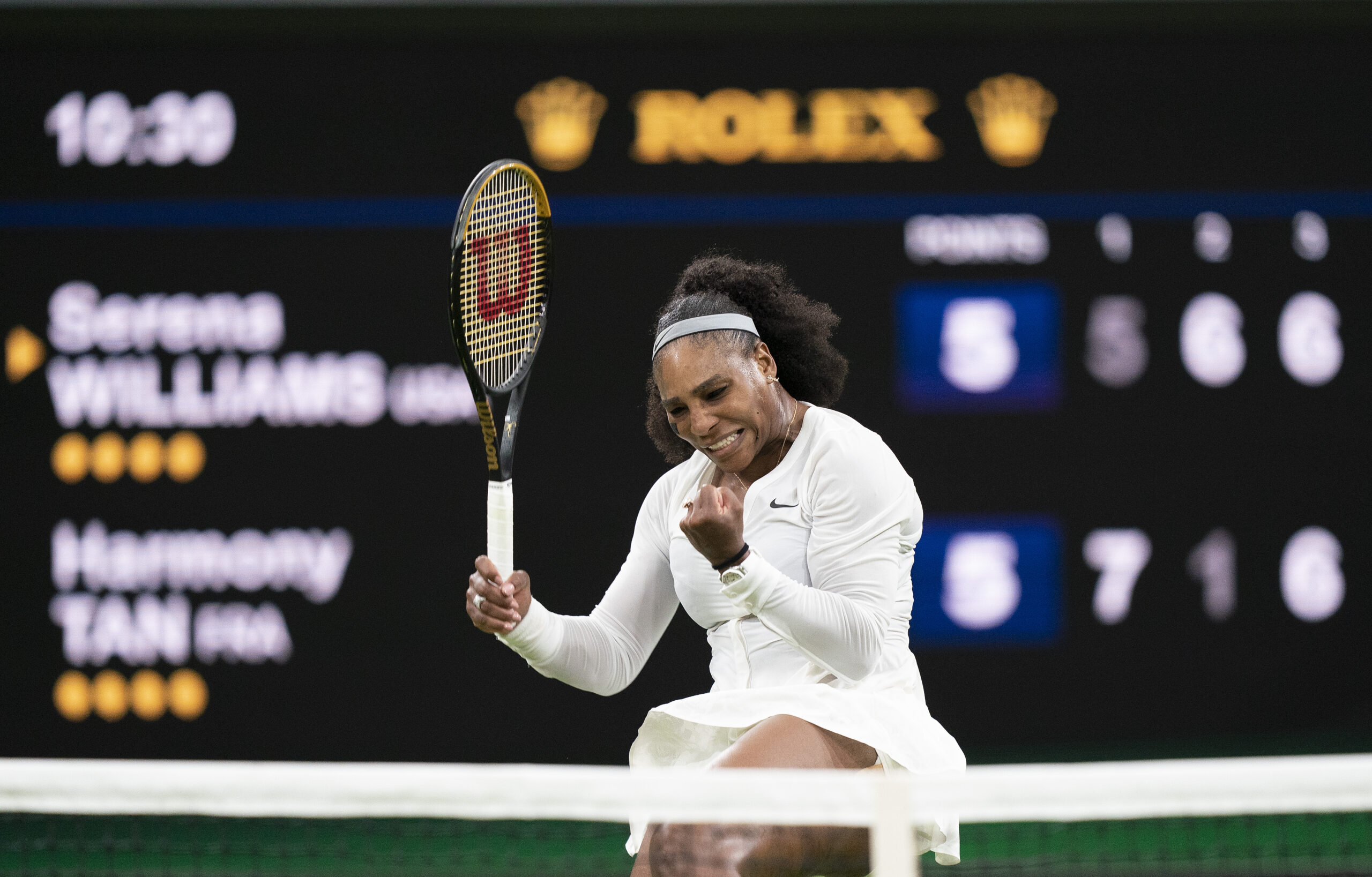 Jun 28, 2022; London, United Kingdom; Serena Williams (USA) reacts to a point during her first round match against Harmony Tan (FRA) on day two at All England Lawn Tennis and Croquet Club. Mandatory Credit: Susan Mullane-Imagn Images