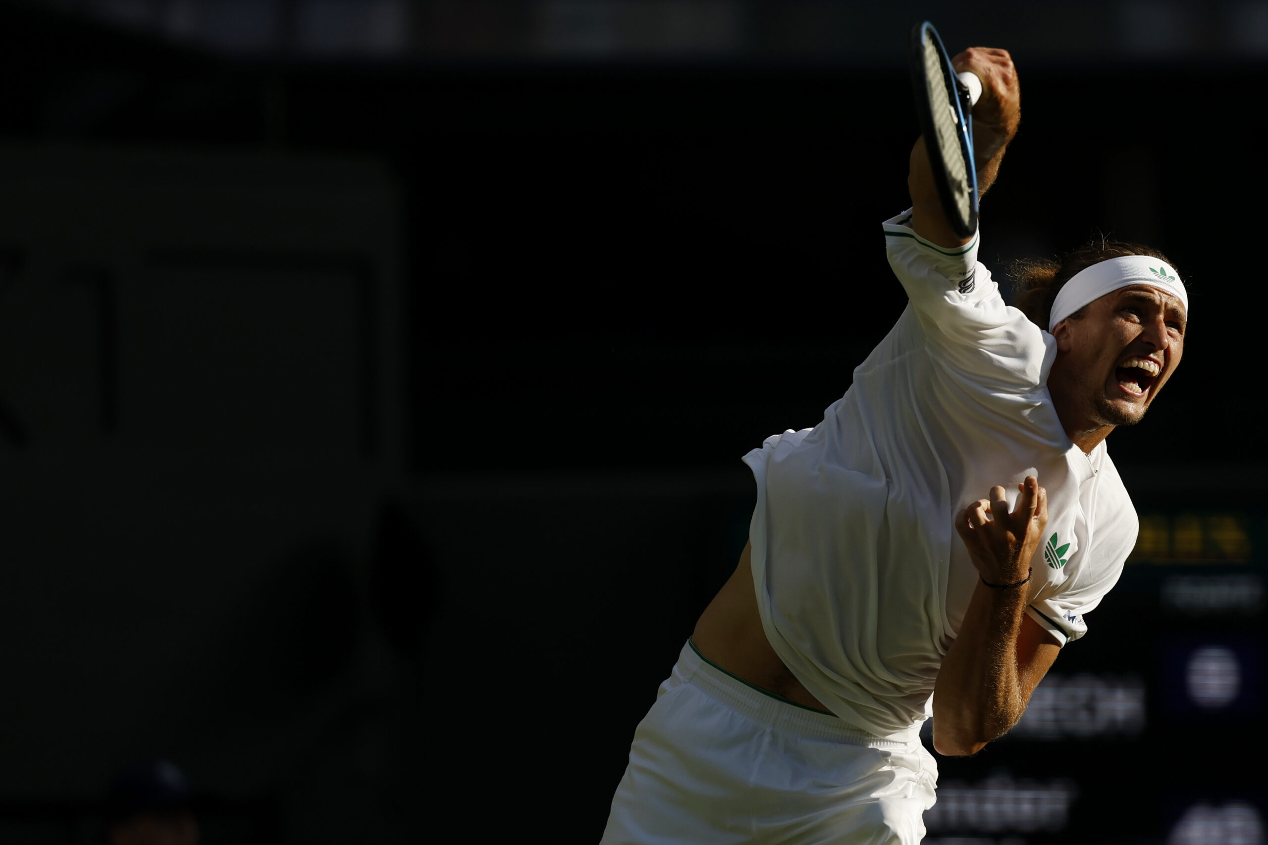 Jul 1, 2025; Wimbledon, United Kingdom; Alexander Zverev (GER) serves against Arthur Rinderknech (FRA)(not pictured) on day 2 of The Championships, Wimbledon 2025 at All England Lawn Tennis and Croquet Club. Mandatory Credit: Geoff Burke-Imagn Images