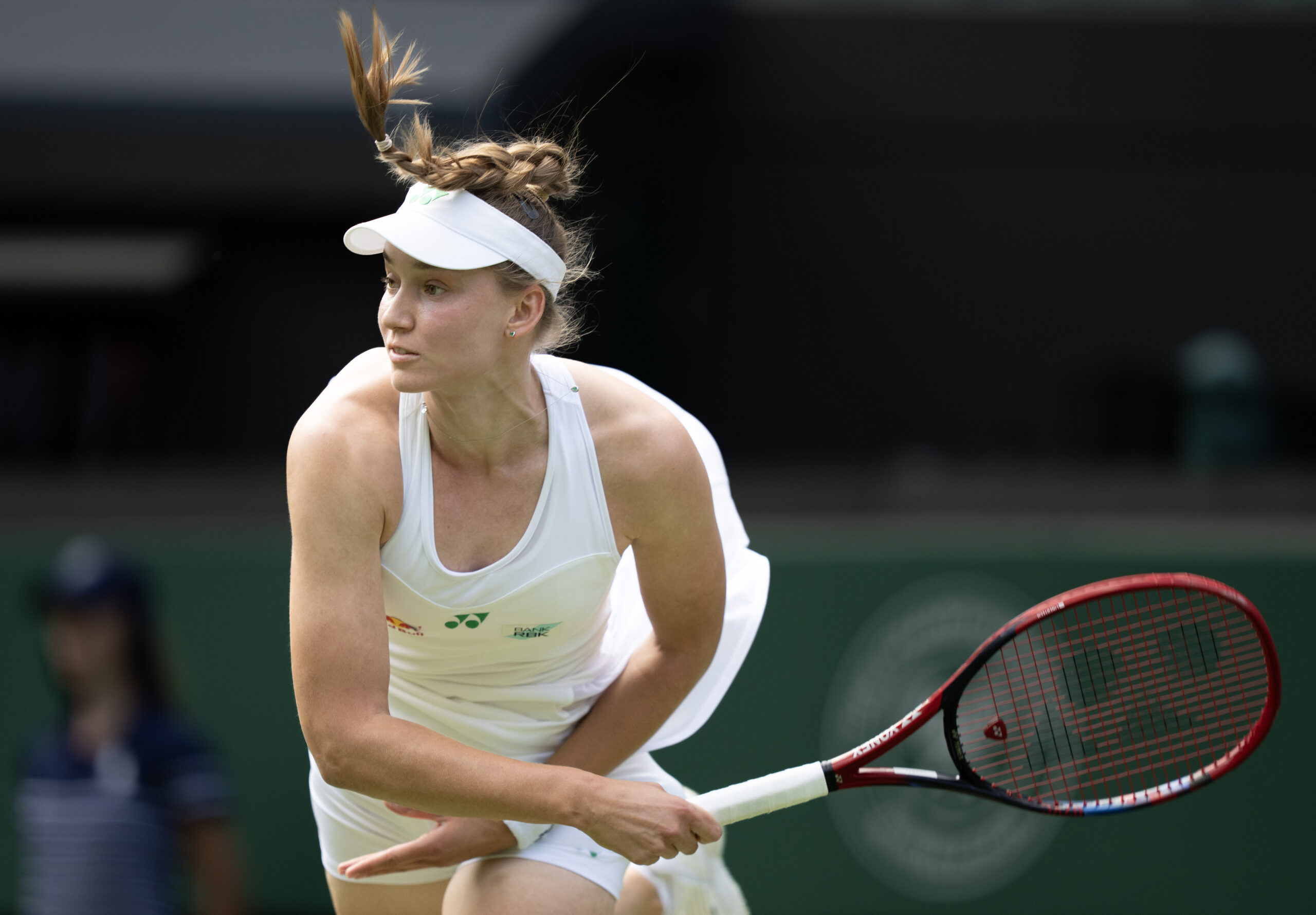 Jul 3, 2025; Wimbledon, United Kingdom; Elena Rybakina of Kazakhstan serves during her match against Maria Sakkari of Greece on day four at the All England Lawn Tennis and Croquet Club. Mandatory Credit: Susan Mullane-Imagn Images