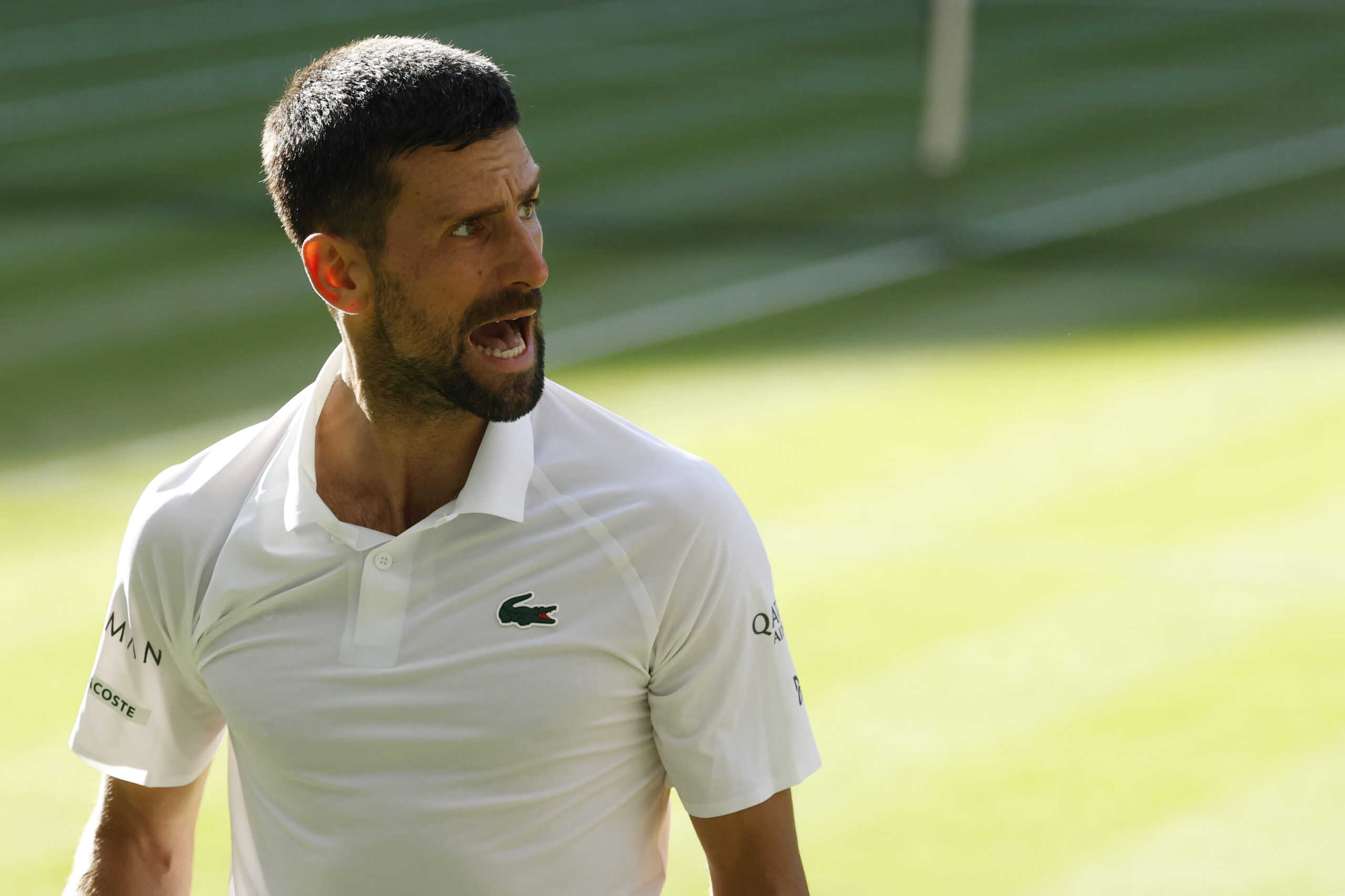 Jul 9, 2025; Wimbledon, United Kingdom; Novak Djokovic (SRB) reacts towards his player's box after losing a point against Flavio Cobolli (ITA)(not pictured) in a gentlemen's singles quarter-final on day ten of these Championships Wimbledon 2025 at All England Lawn Tennis and Croquet Club. Mandatory Credit: Geoff Burke-Imagn Images