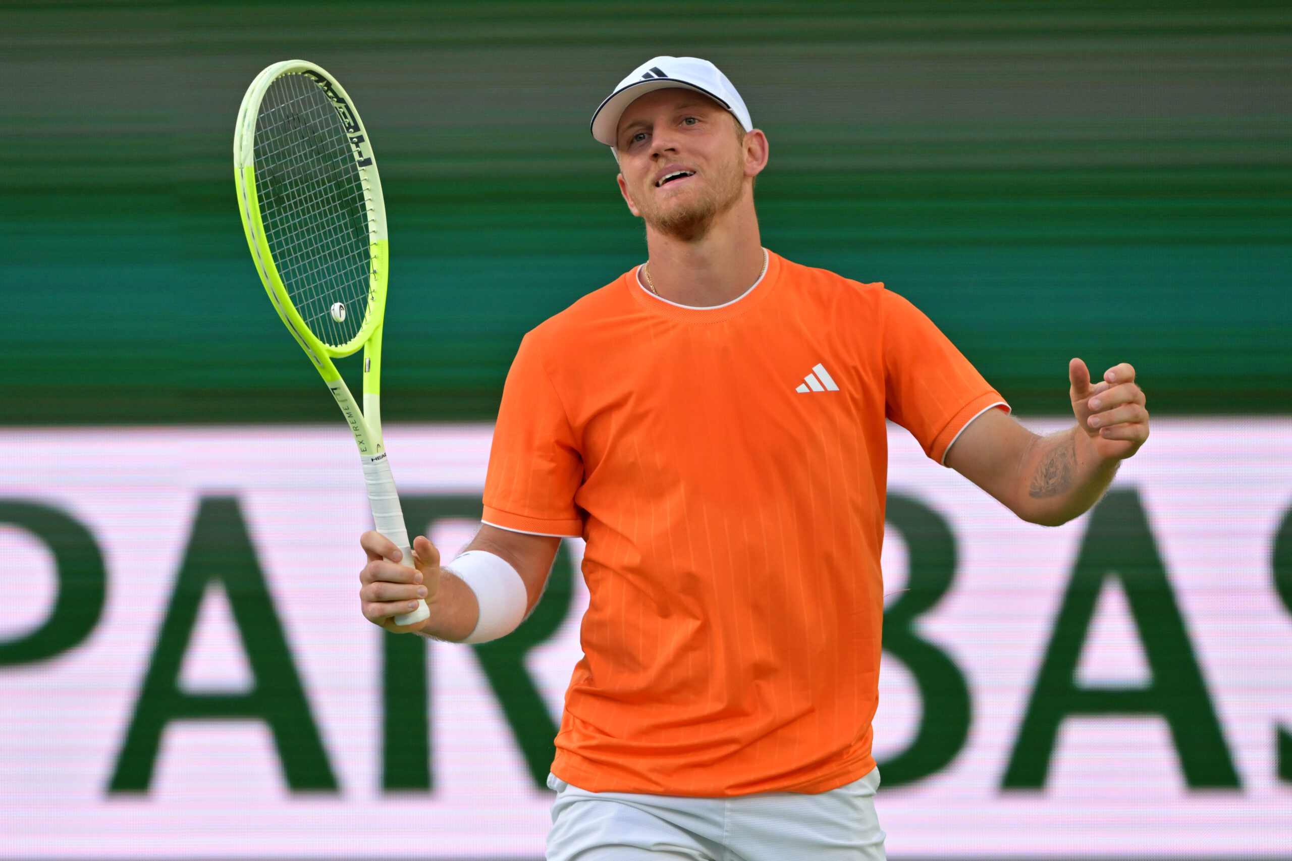 Mar 10, 2026; Indian Wells, CA, USA; Alejandro Davidovich Fokina (ESP) reacts after missing a shot during his fourth round match against  Learner Tien (USA) in the BNP Paribas Open at the Indian Wells Tennis Garden. Mandatory Credit: Jayne Kamin-Oncea-Imagn Images