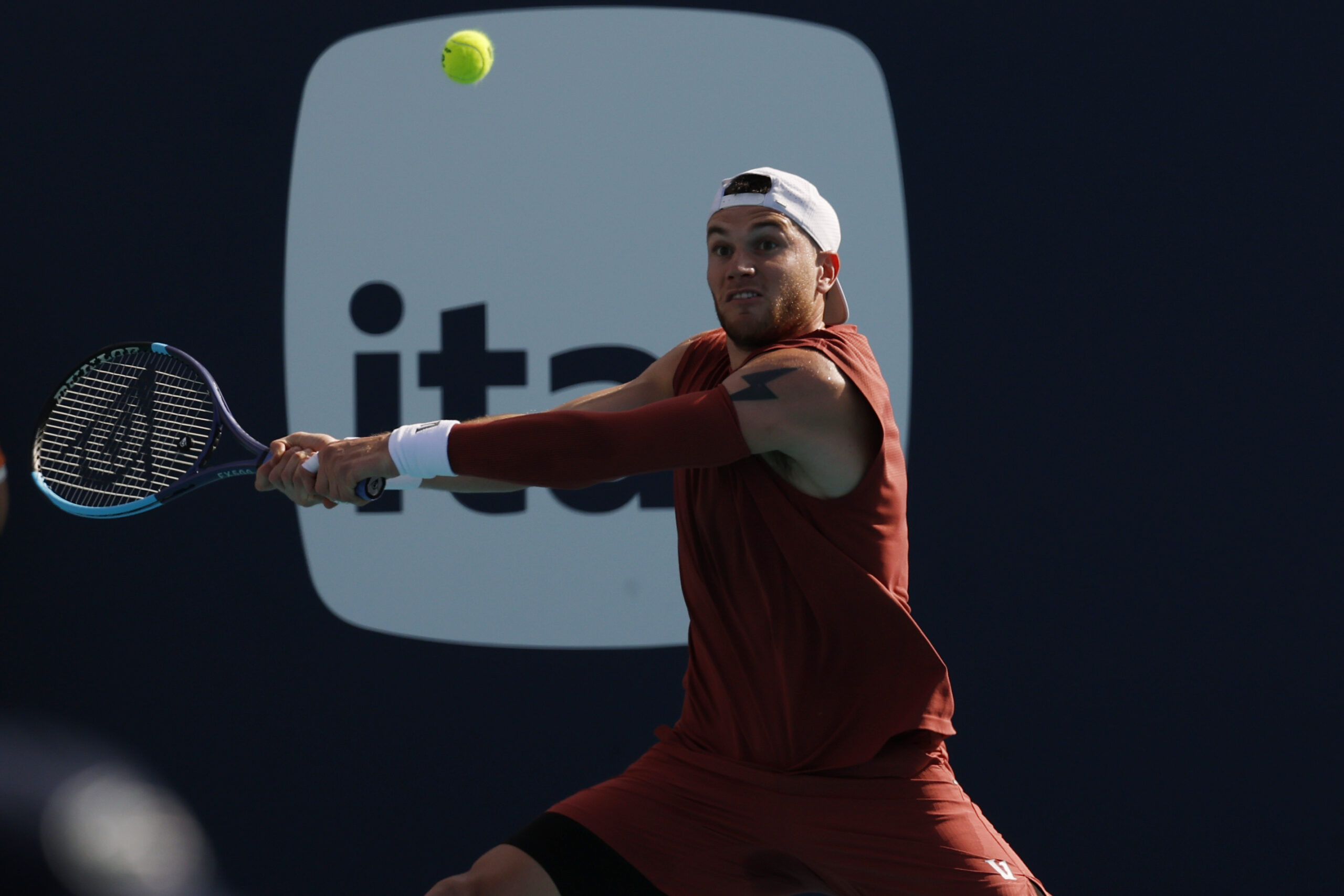 Mar 20, 2026; Miami Gardens, FL, USA; Jack Draper (GBR) hits a backhand against Reilly Opelka (USA) (not pictured) on day four of the 2026 Miami Open at Hard Rock Stadium. Mandatory Credit: Geoff Burke-Imagn Images