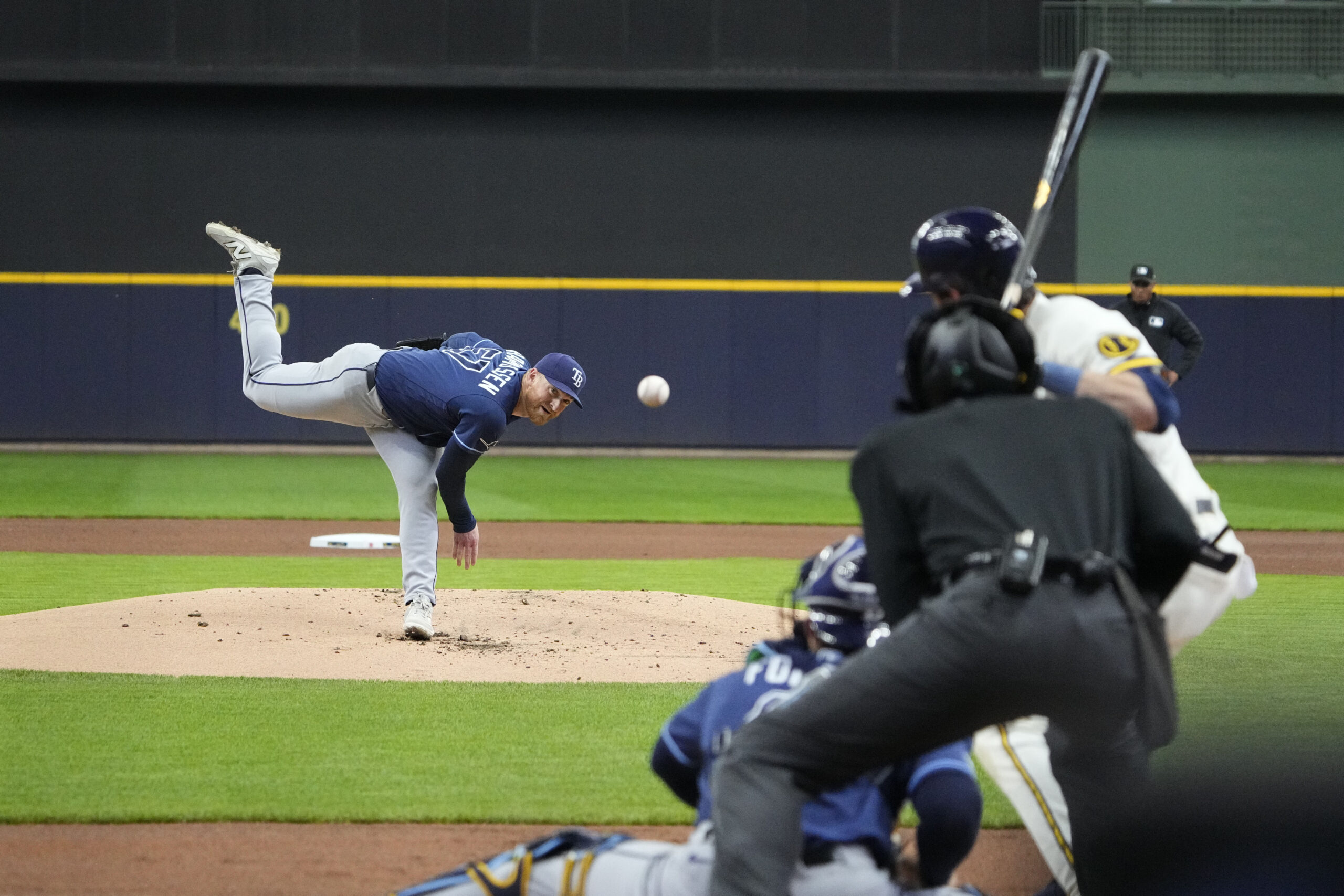Apr 1, 2026; Milwaukee, Wisconsin, USA; Tampa Bay Rays pitcher Drew Rasmussen (57) delivers a pitch against the Milwaukee Brewers in the first inning at American Family Field. Mandatory Credit: Michael McLoone-Imagn Images