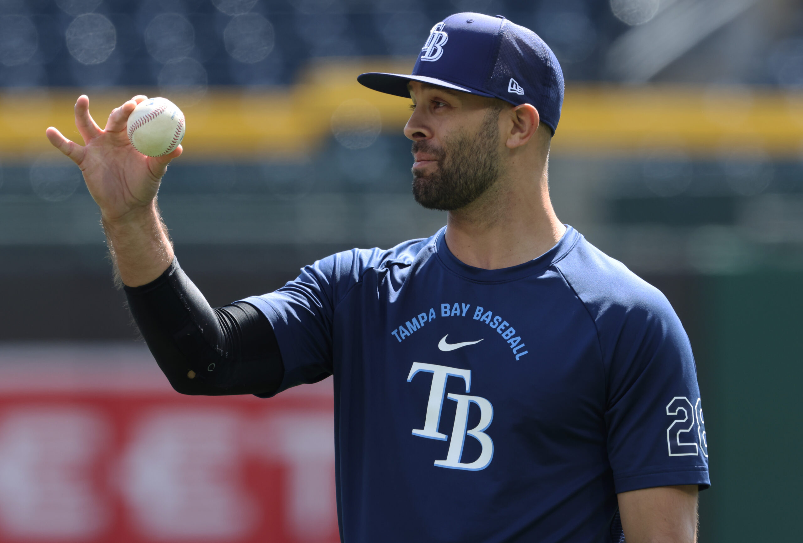 Apr 19, 2026; Pittsburgh, Pennsylvania, USA;  Tampa Bay Rays pitcher Nick Martinez (28) before the game against the Pittsburgh Pirates at PNC Park. Mandatory Credit: Charles LeClaire-Imagn Images