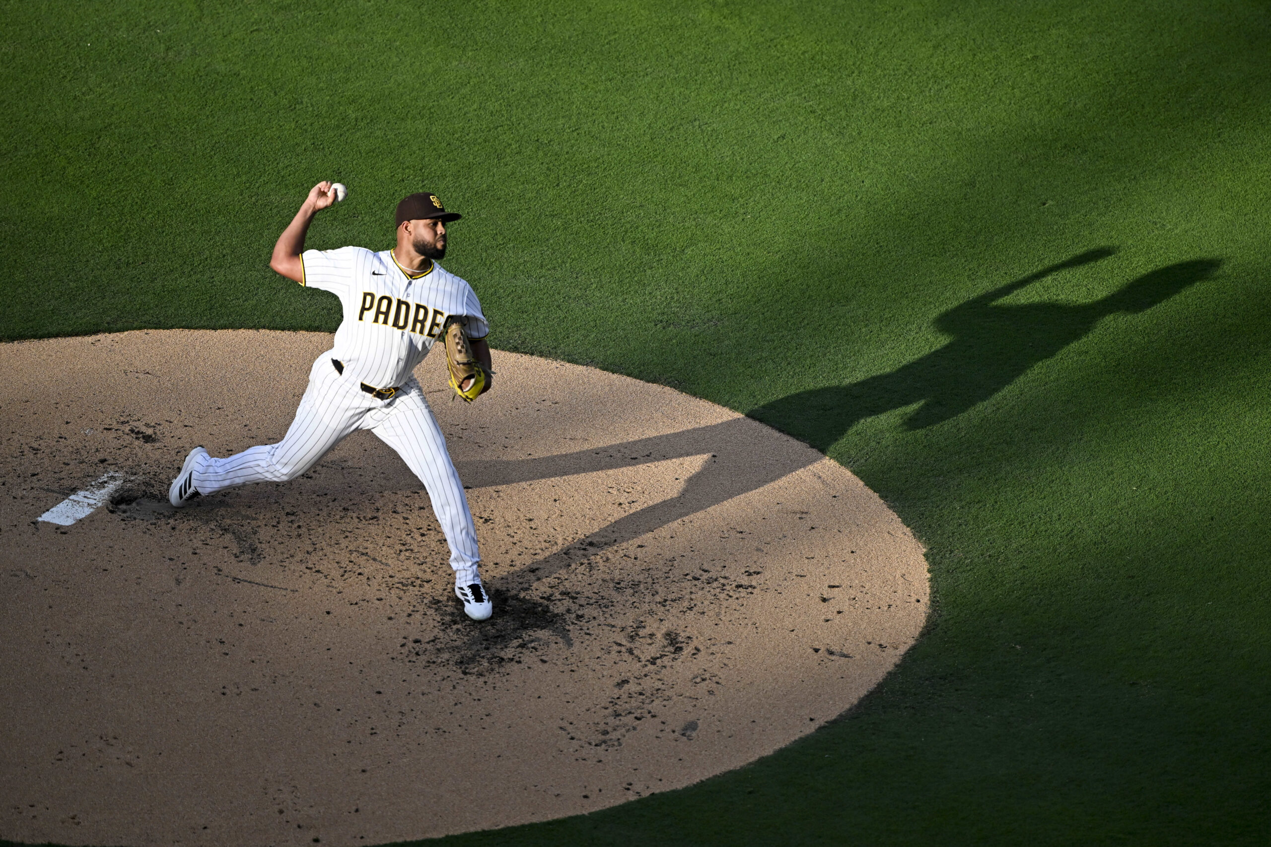 May 20, 2026; San Diego, California, USA; San Diego Padres pitcher Randy Vasquez (98) delivers during the second inning against the Los Angeles Dodgers at Petco Park. Mandatory Credit: Denis Poroy-Imagn Images