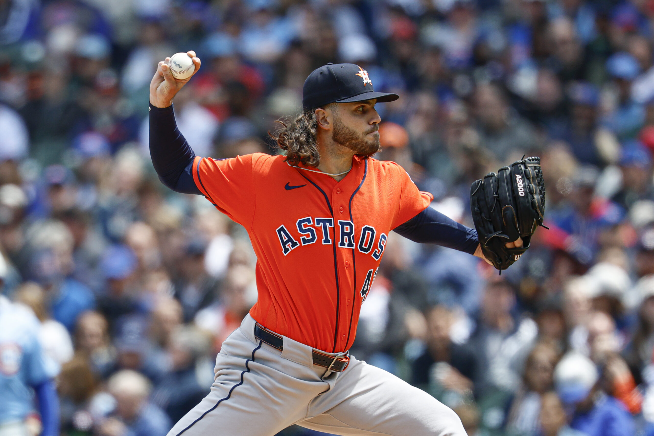 May 22, 2026; Chicago, Illinois, USA; Houston Astros starting pitcher Spencer Arrighetti (41) delivers a pitch against the Chicago Cubs during the first inning at Wrigley Field. Mandatory Credit: Kamil Krzaczynski-Imagn Images