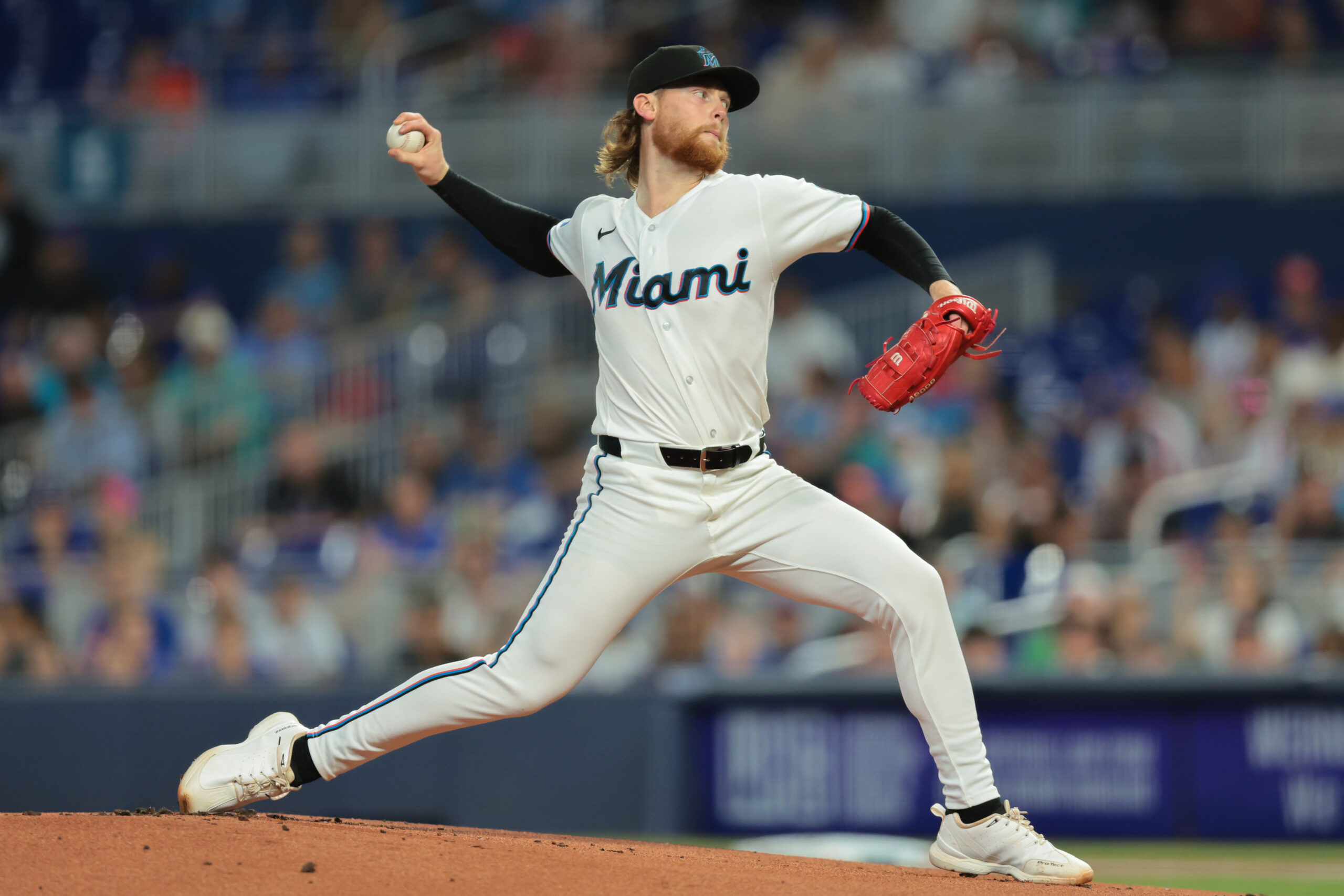 May 23, 2026; Miami, Florida, USA; Miami Marlins starting pitcher Max Meyer (23) delivers a pitch against the New York Mets during the first inning at loanDepot Park. Mandatory Credit: Sam Navarro-Imagn Images