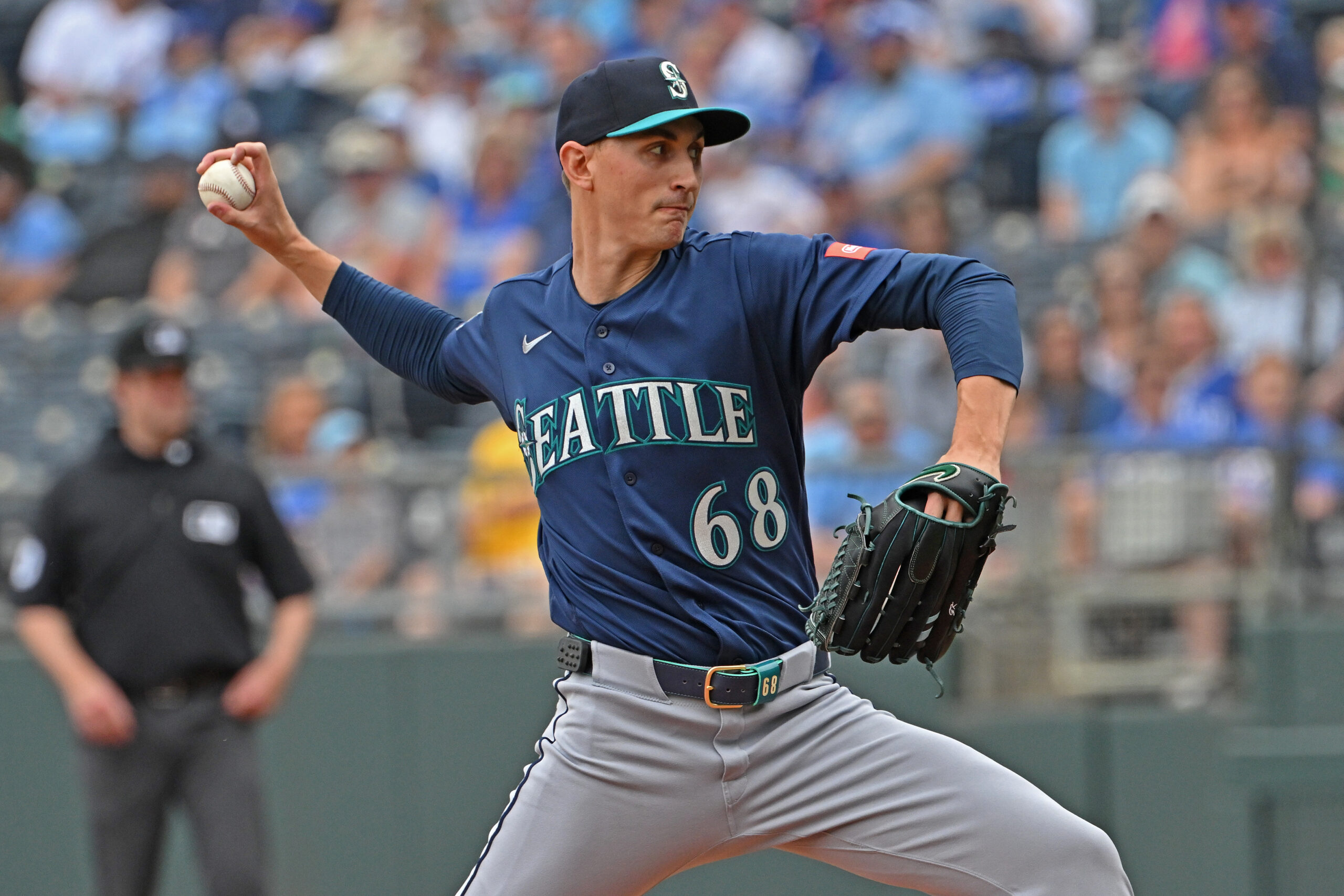 May 23, 2026; Kansas City, Missouri, USA;  Seattle Mariners starting pitcher George Kirby (68) throws a pitch in the first inning against the Seattle Mariners at Kauffman Stadium. Mandatory Credit: Peter Aiken-Imagn Images