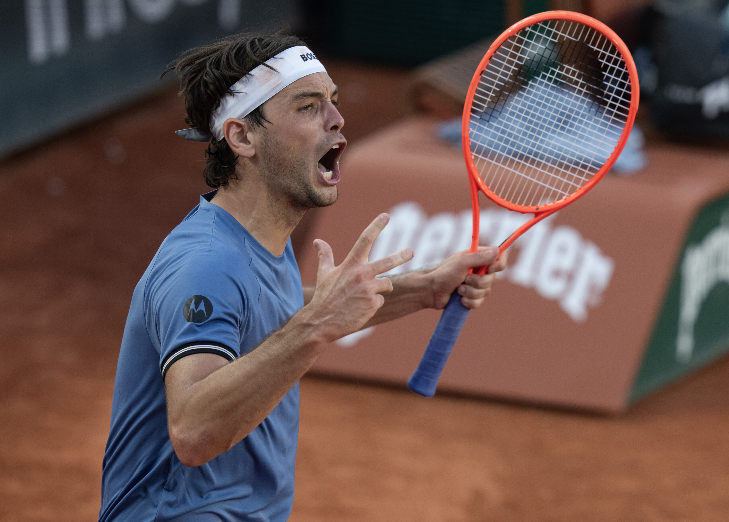 May 24, 2026; Paris, France;  Taylor Fritz of the United States reacts in his first round match against Nishesh Basavareddy of the United States on day one at Stade Roland Garros. Mandatory Credit: Susan Mullane-Imagn Images