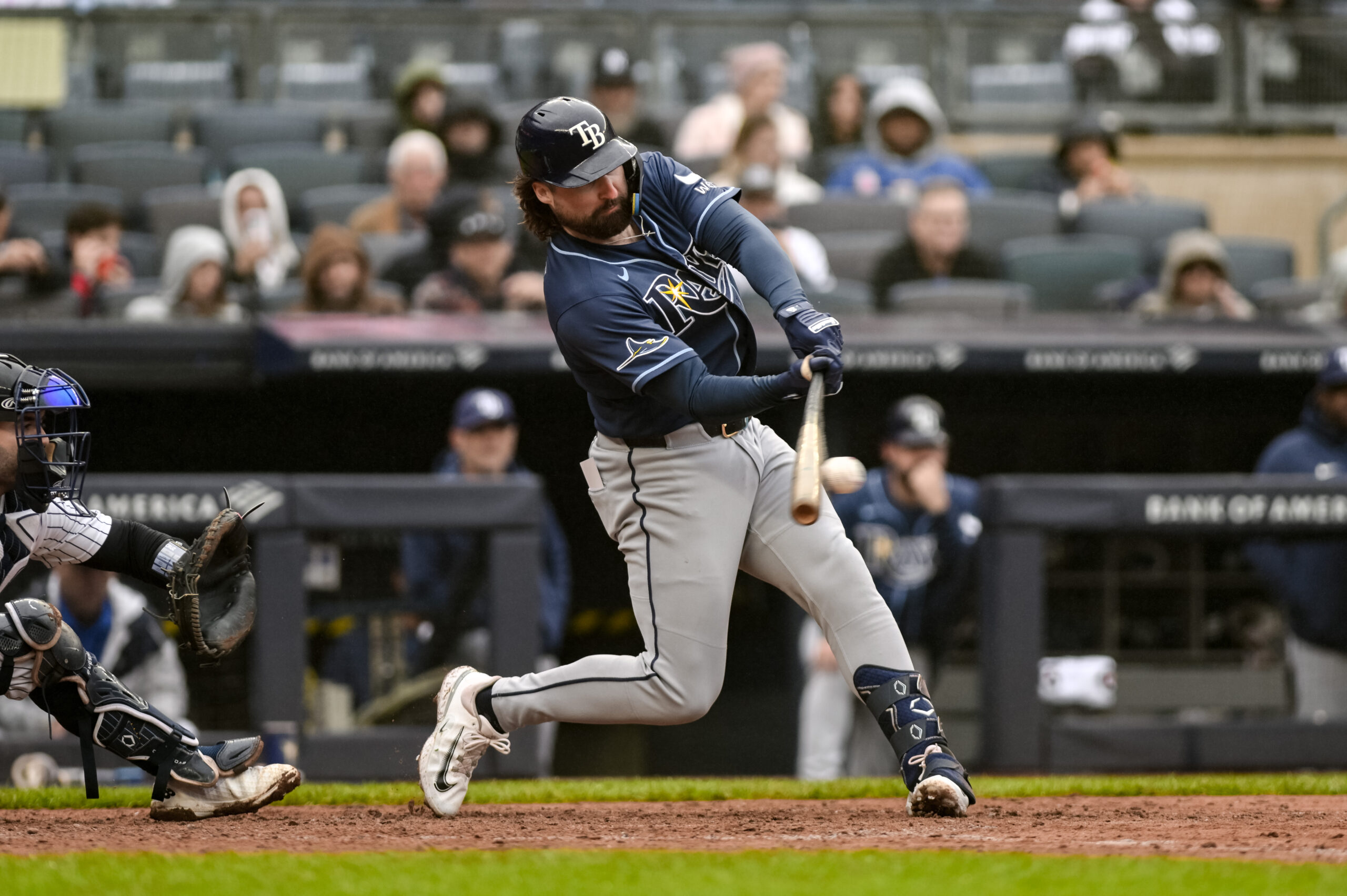 May 24, 2026; Bronx, New York, USA; Tampa Bay Rays right fielder Ryan Vilade (26) hits a single against the New York Yankees during the eighth inning at Yankee Stadium. Mandatory Credit: John Jones-Imagn Images