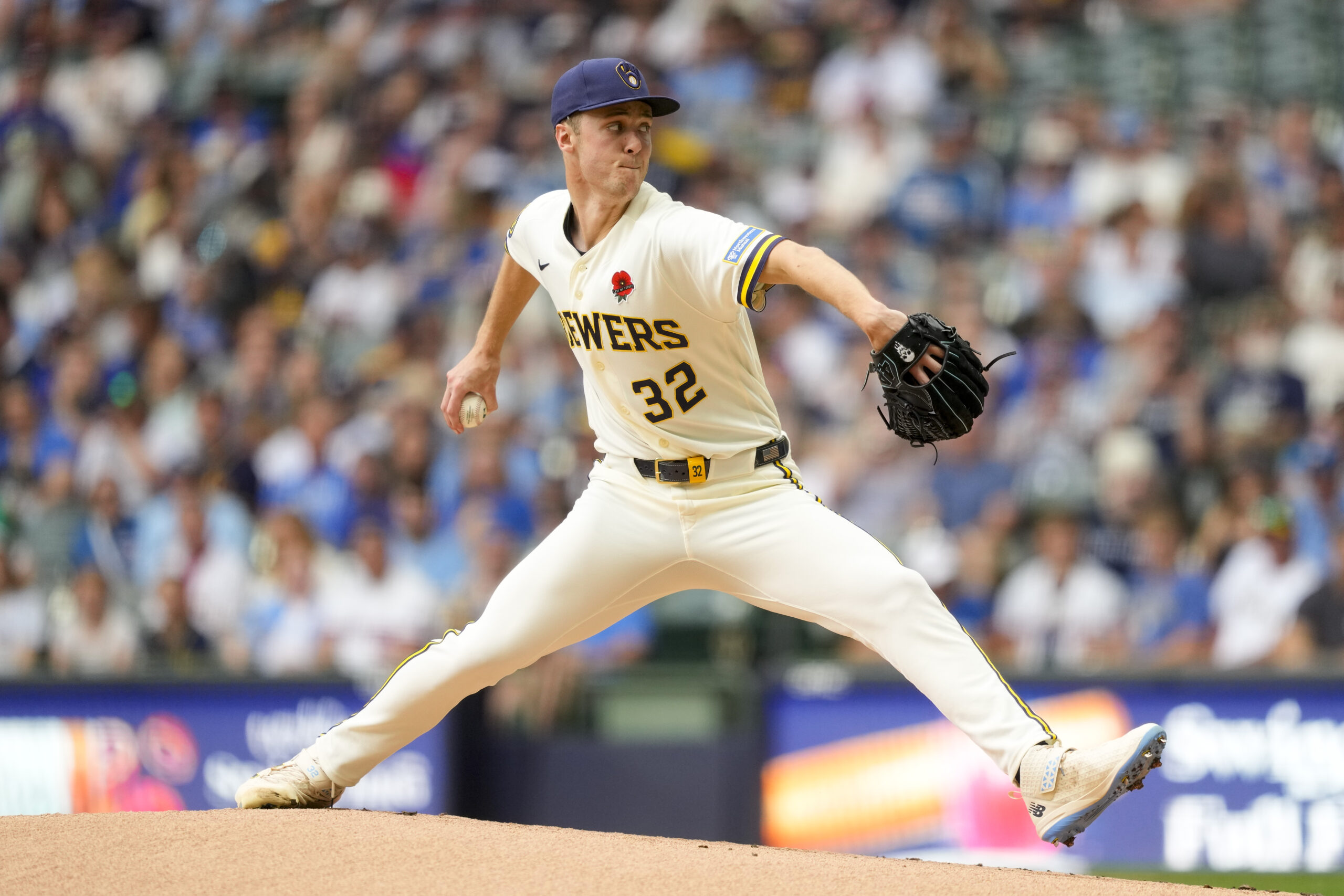 May 25, 2026; Milwaukee, Wisconsin, USA; Milwaukee Brewers pitcher Jacob Misiorowski (32) throws a pitch during the first inning against the St. Louis Cardinals at American Family Field. Mandatory Credit: Jeff Hanisch-Imagn Images