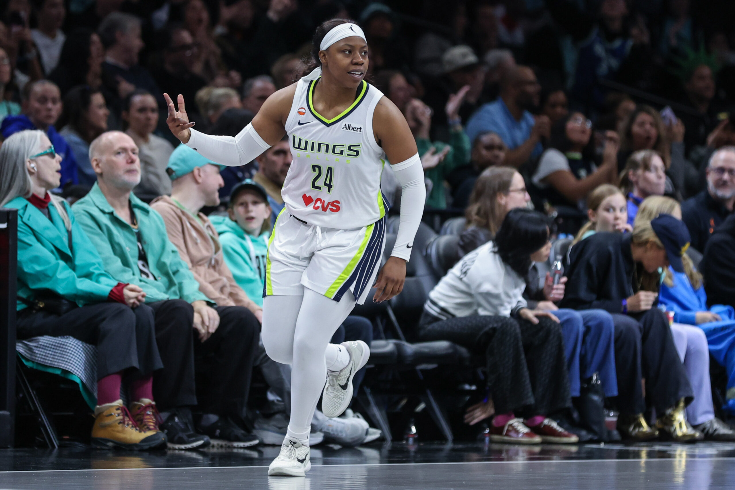 May 24, 2026; Brooklyn, New York, USA;  Dallas Wings guard Arike Ogunbowale (24) at Barclays Center. Mandatory Credit: Wendell Cruz-Imagn Images