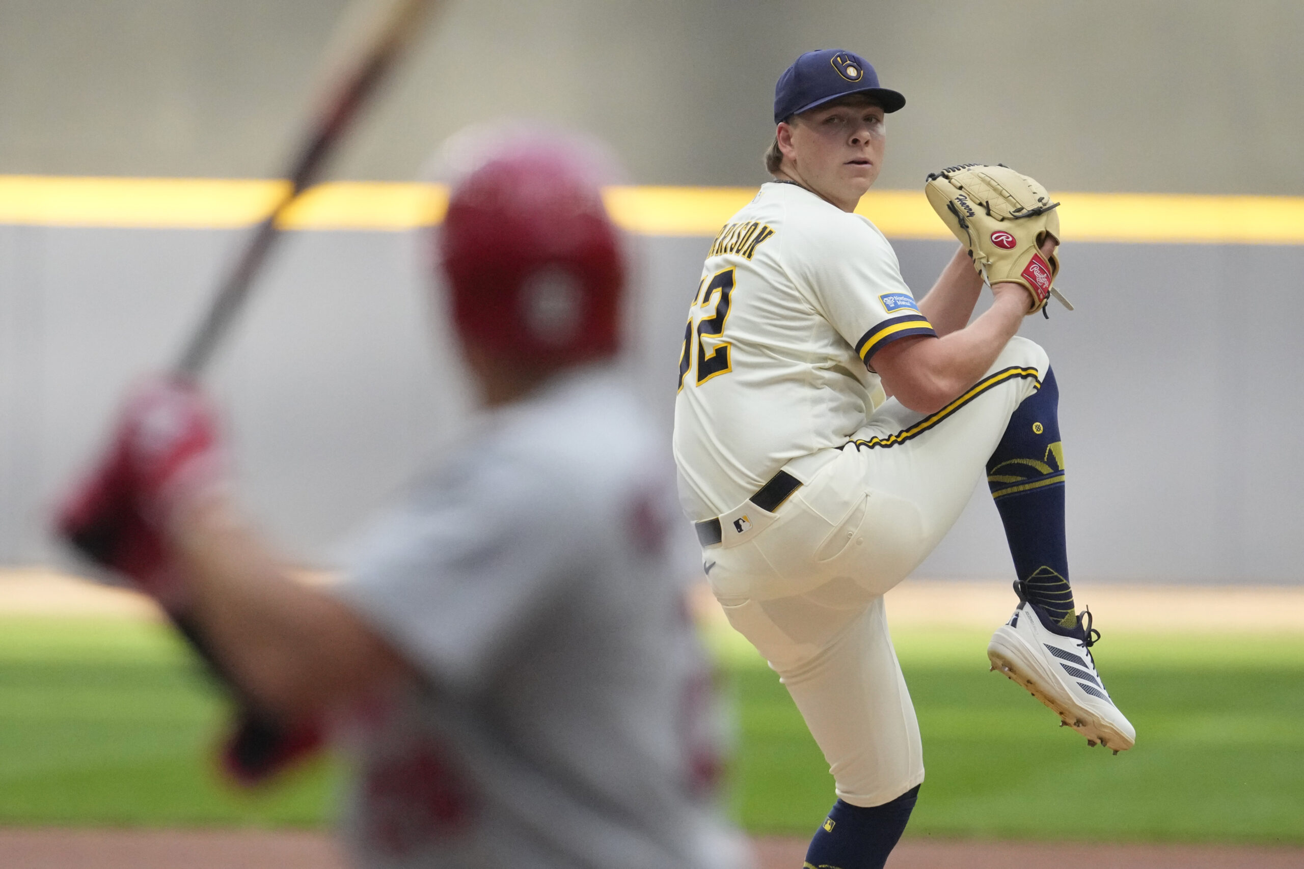 May 26, 2026; Milwaukee, Wisconsin, USA; Milwaukee Brewers pitcher Kyle Harrison (52) delivers a pitch against the St. Louis Cardinals in the first inning at American Family Field. Mandatory Credit: Michael McLoone-Imagn Images