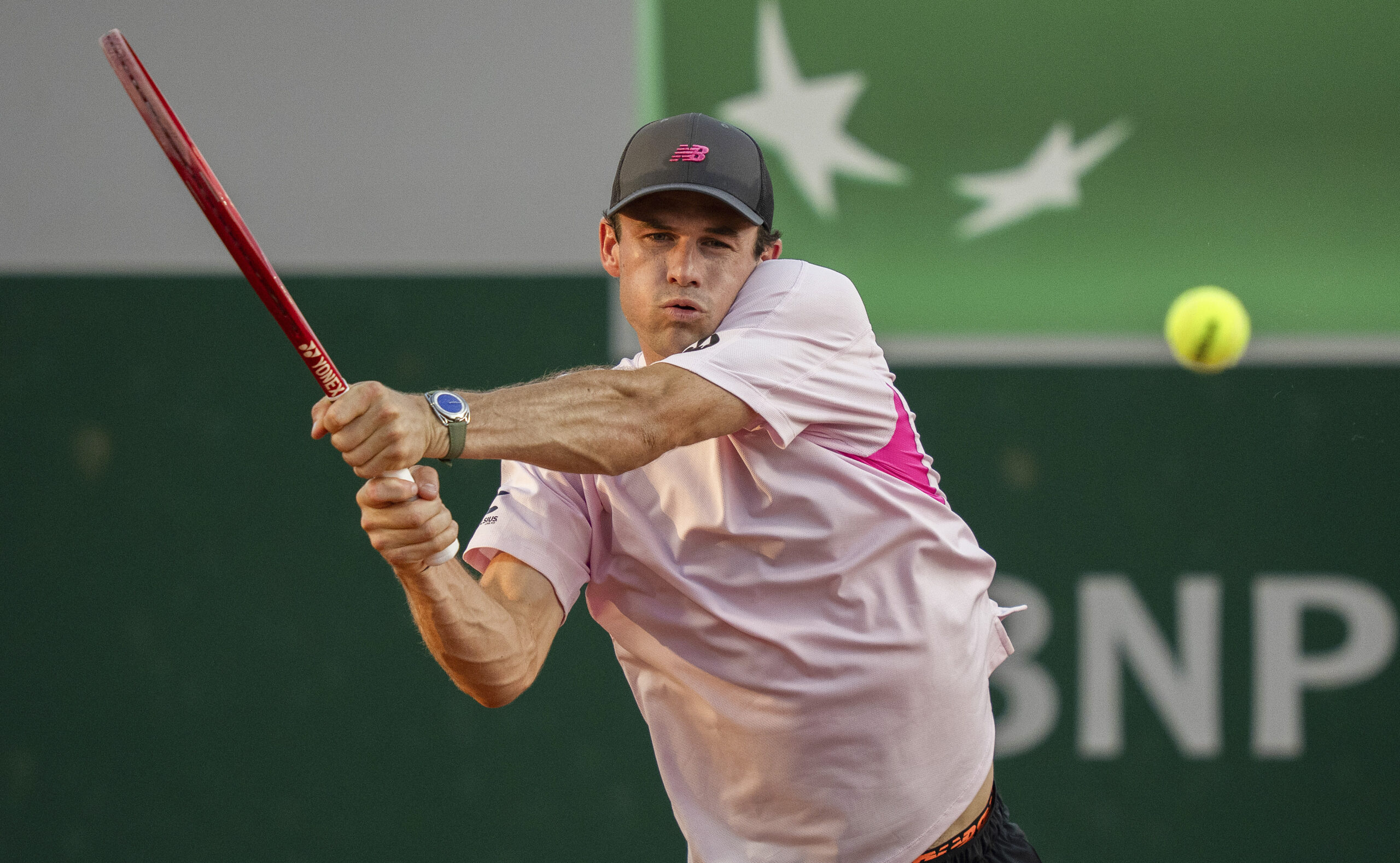 May 27, 2026; Paris, France; Tommy Paul of the United States returns a shot during his match against Lorenzo Musetti of Italy on day four at Stade Roland Garros. Mandatory Credit: Susan Mullane-Imagn Images