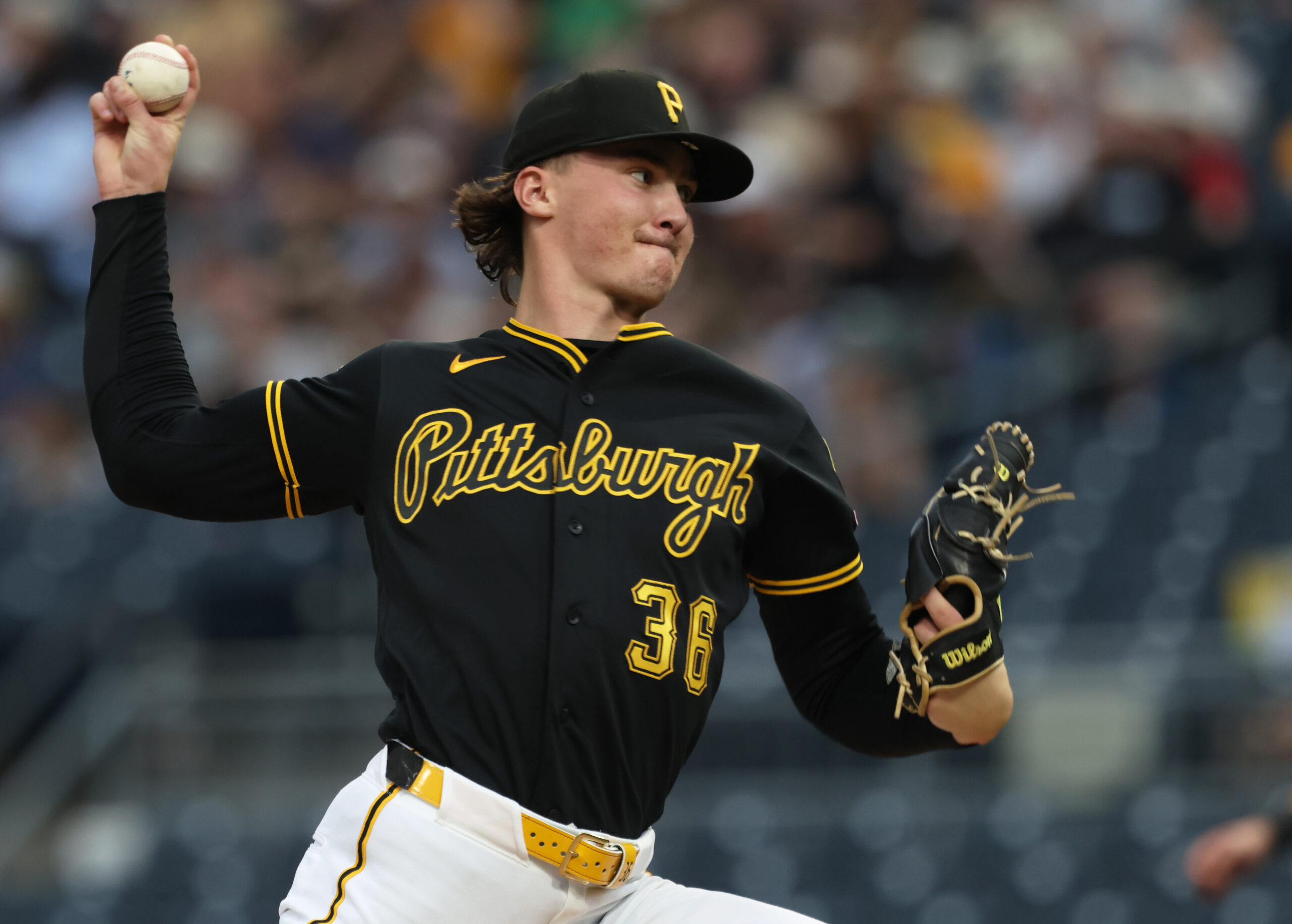 May 27, 2026; Pittsburgh, Pennsylvania, USA; Pittsburgh Pirates starting pitcher Bubba Chandler (36) delivers a pitch against the Chicago Cubs during the first inning at PNC Park. Mandatory Credit: Charles LeClaire-Imagn Images