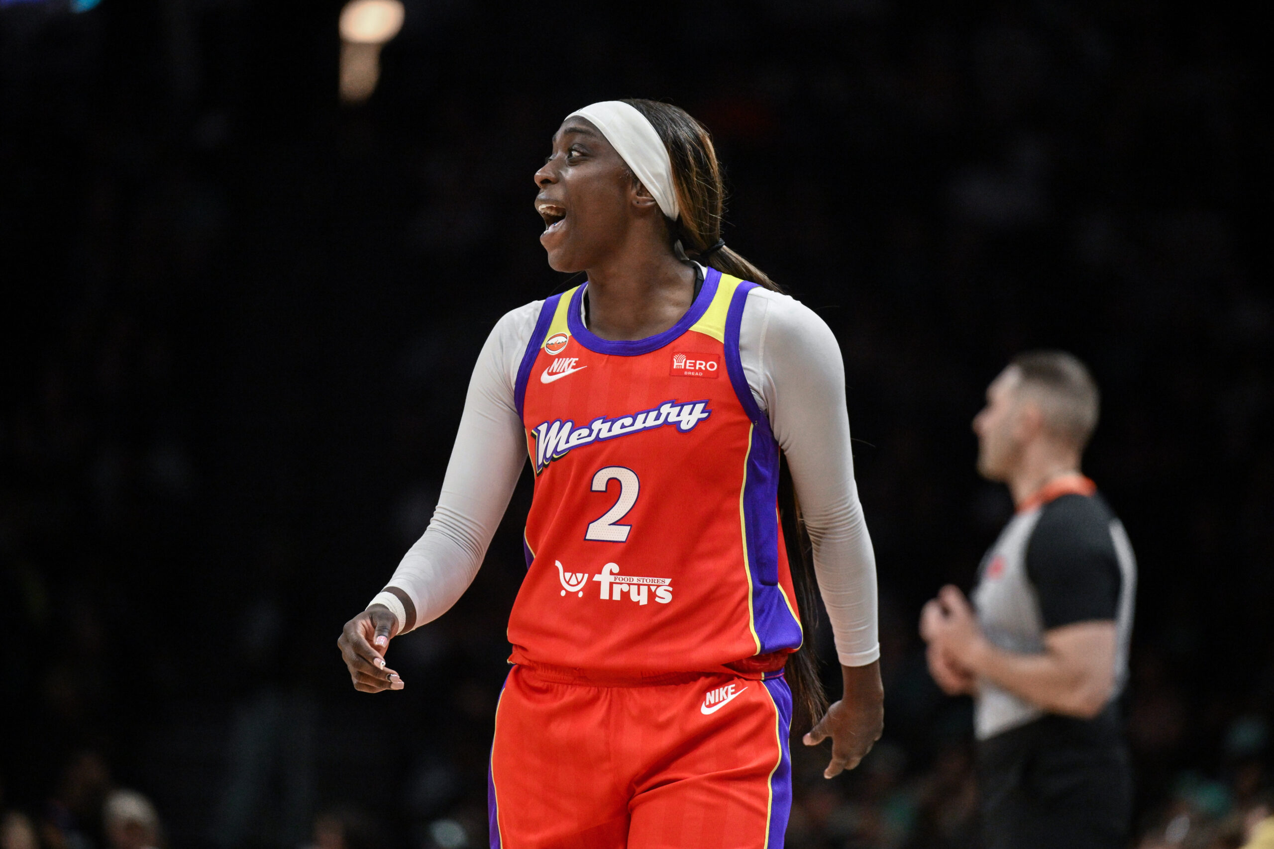 May 27, 2026; Brooklyn, New York, USA;  Phoenix Mercury guard-forward Kahleah Copper (2) reacts during the second half against the New York Liberty at Barclays Center. Mandatory Credit: John Jones-Imagn Images