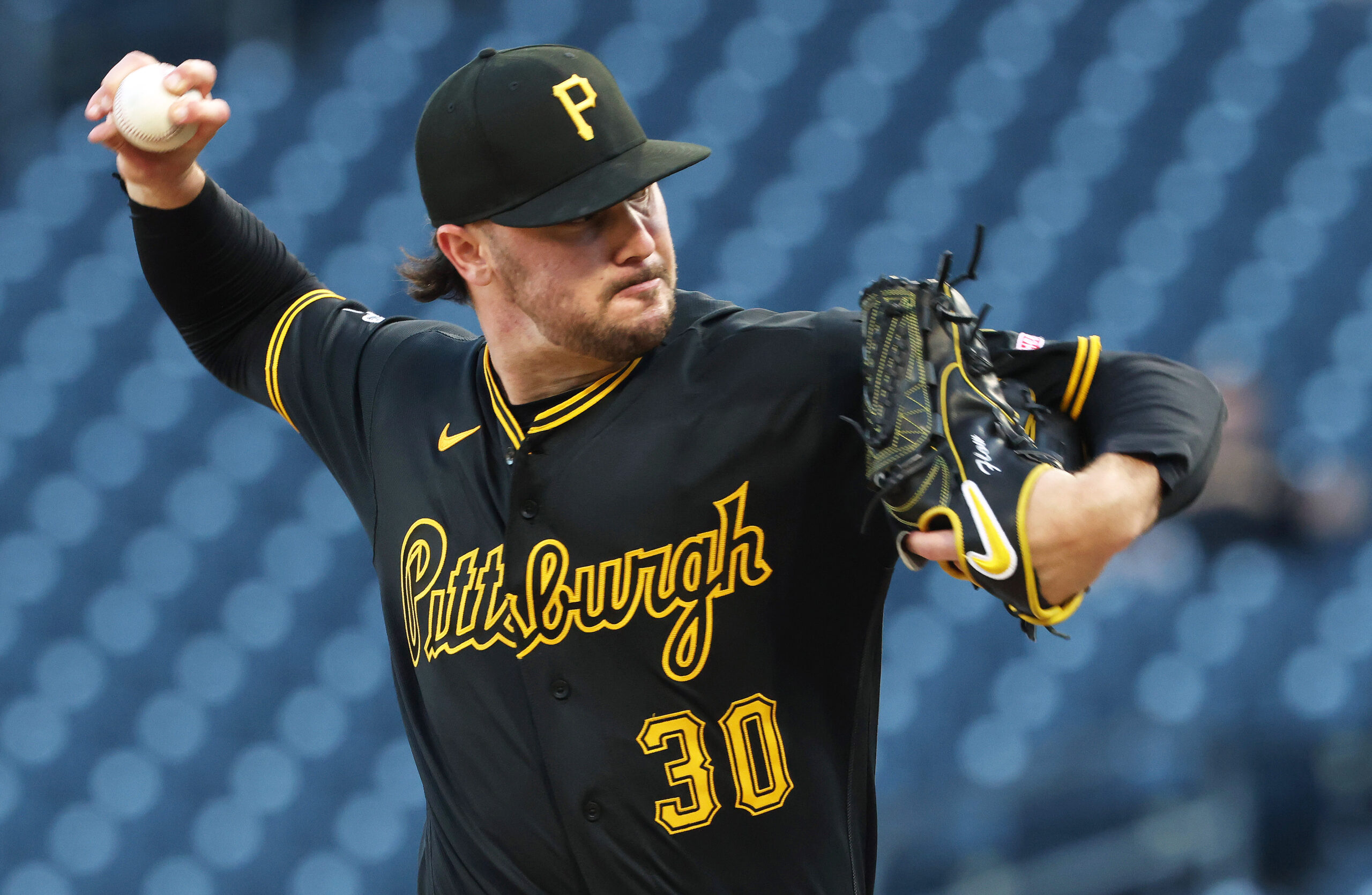 May 28, 2026; Pittsburgh, Pennsylvania, USA;  Pittsburgh Pirates starting pitcher Paul Skenes (30) delivers a pitch against the Chicago Cubs during the first inning at PNC Park. Mandatory Credit: Charles LeClaire-Imagn Images