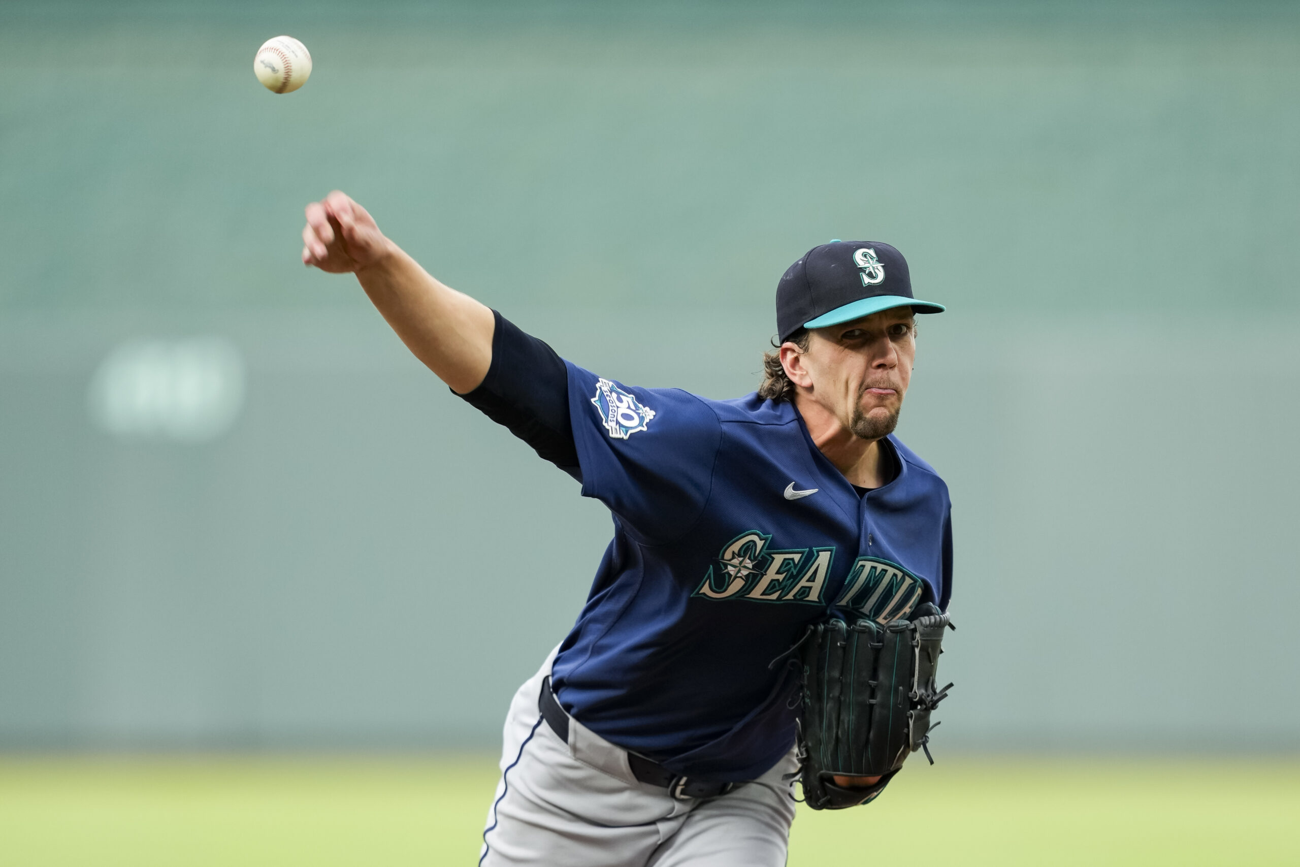 May 22, 2026; Kansas City, Missouri, USA; Seattle Mariners pitcher Logan Gilbert (36) pitches during the first inning against the Kansas City Royals at Kauffman Stadium. Mandatory Credit: Jay Biggerstaff-Imagn Images