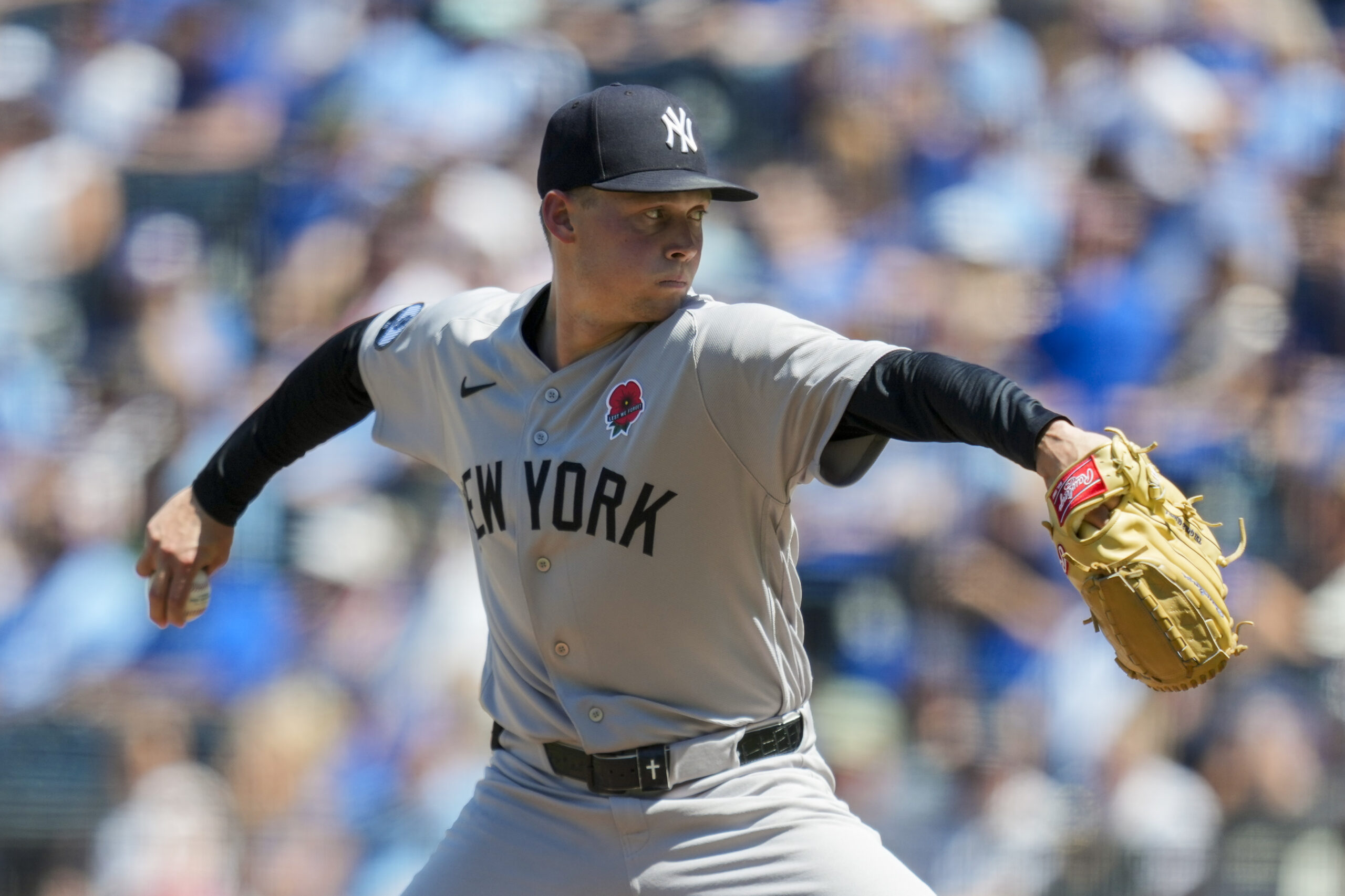 May 25, 2026; Kansas City, Missouri, USA; New York Yankees pitcher Will Warren (29) pitches during the first inning against the Kansas City Royals at Kauffman Stadium. Mandatory Credit: Jay Biggerstaff-Imagn Images
