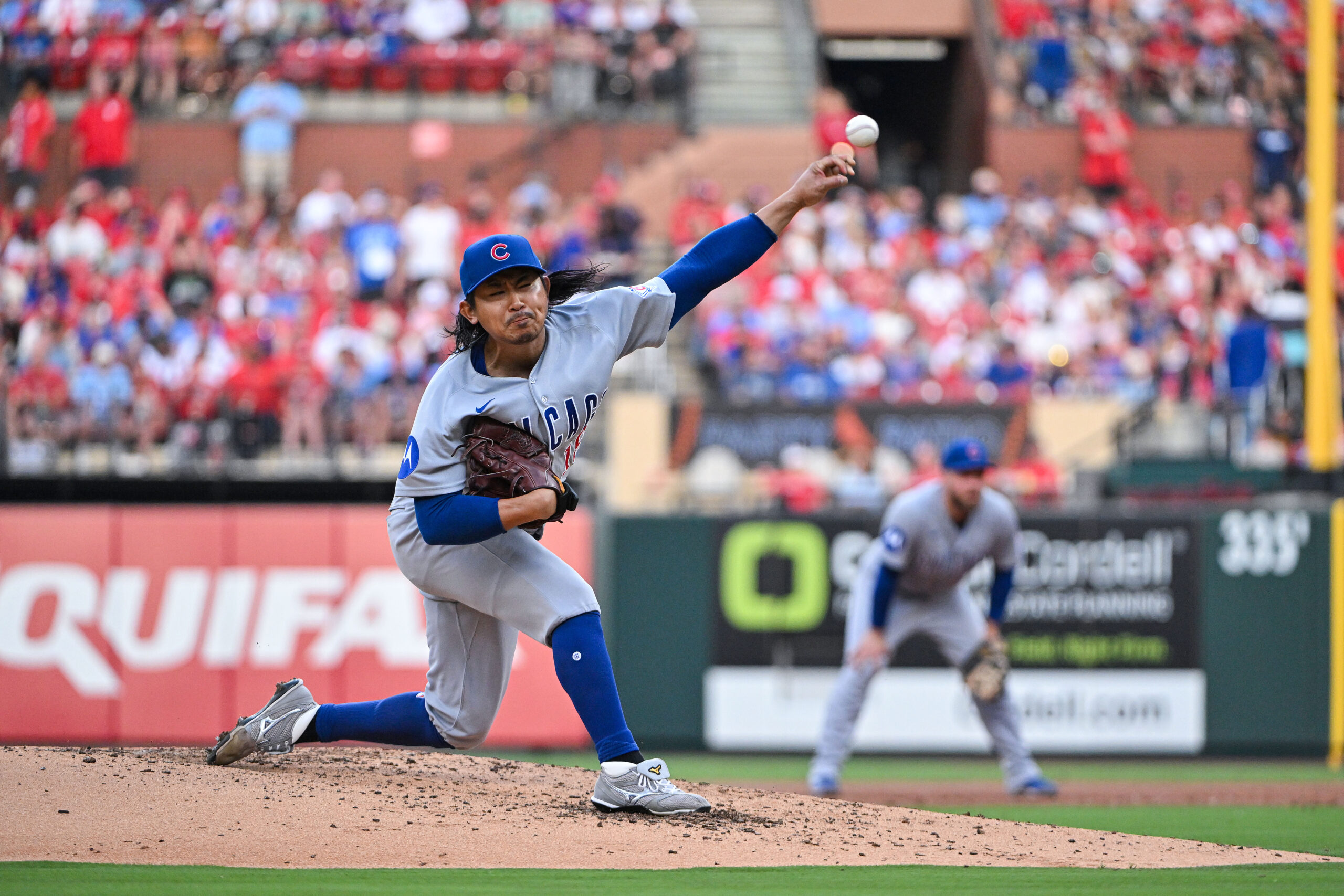 May 29, 2026; St. Louis, Missouri, USA; Chicago Cubs starting pitcher Shota Imanaga (18) pitches against the St. Louis Cardinals during the second inning at Busch Stadium. Mandatory Credit: Jeff Curry-Imagn Images