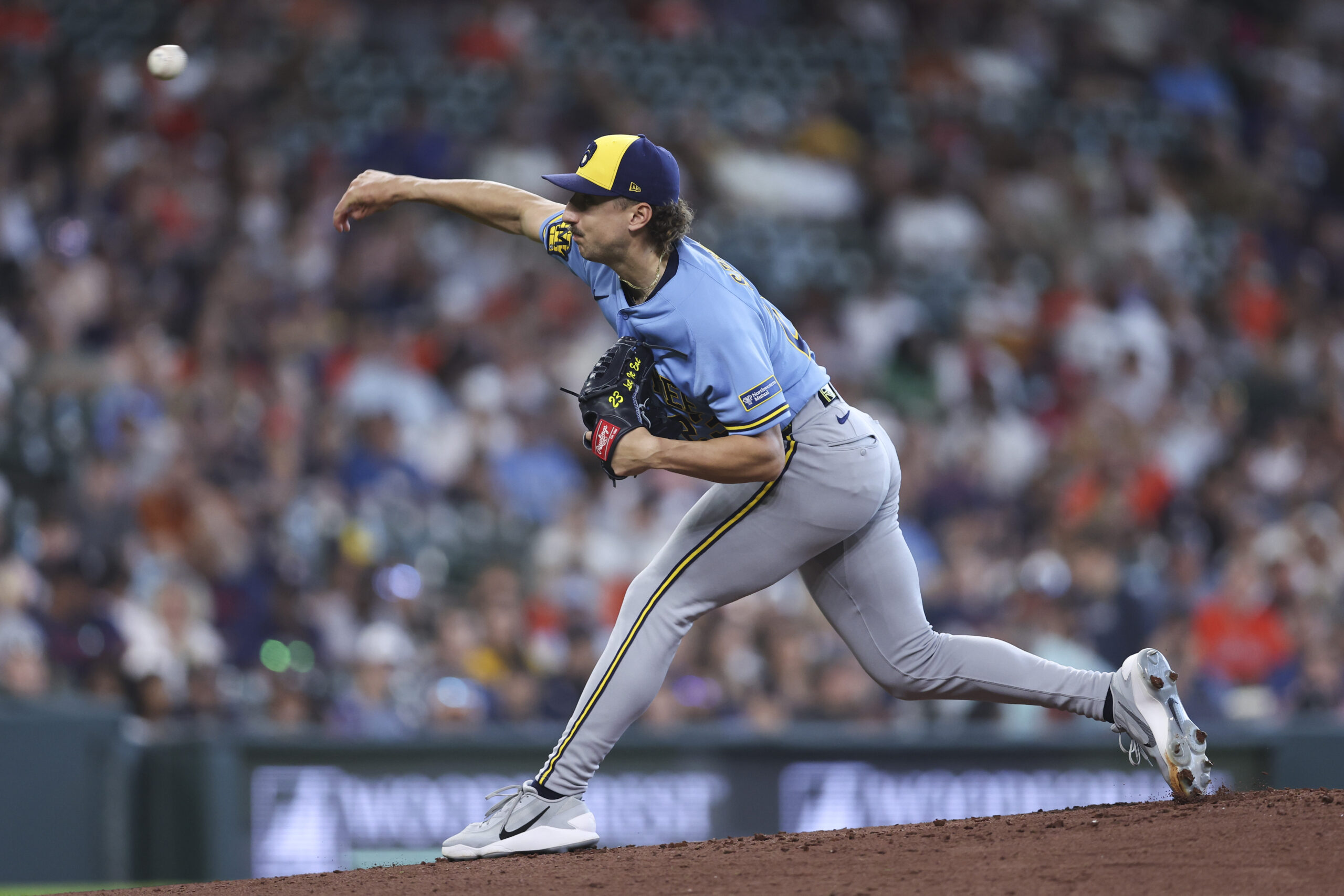 May 30, 2026; Houston, Texas, USA; Milwaukee Brewers starting pitcher Brandon Sproat (23) delivers a pitch during the first inning against the Houston Astros at Daikin Park. Mandatory Credit: Troy Taormina-Imagn Images