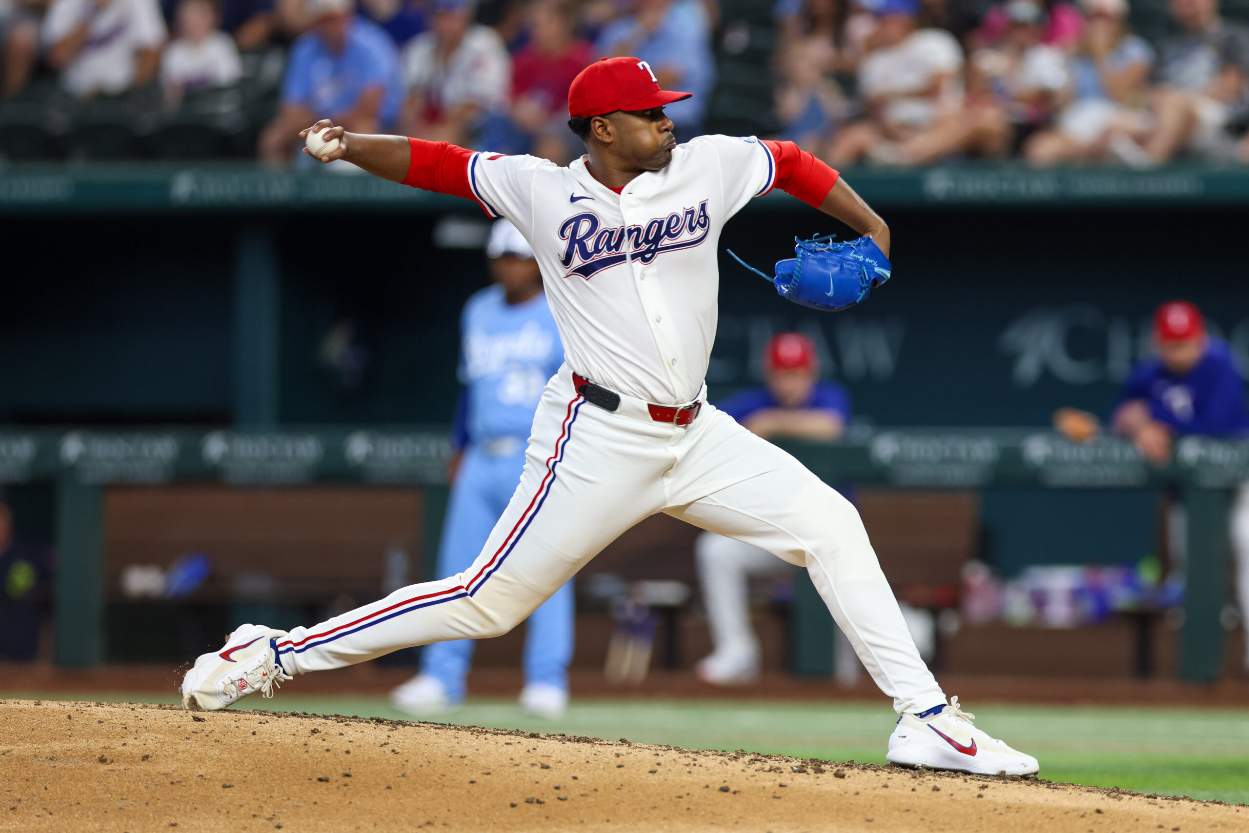 May 30, 2026; Arlington, Texas, USA; Texas Rangers pitcher Kumar Rocker (80) throws during the sixth inning against the Kansas City Royals at Globe Life Field. Mandatory Credit: Andrew Dieb-Imagn Images
