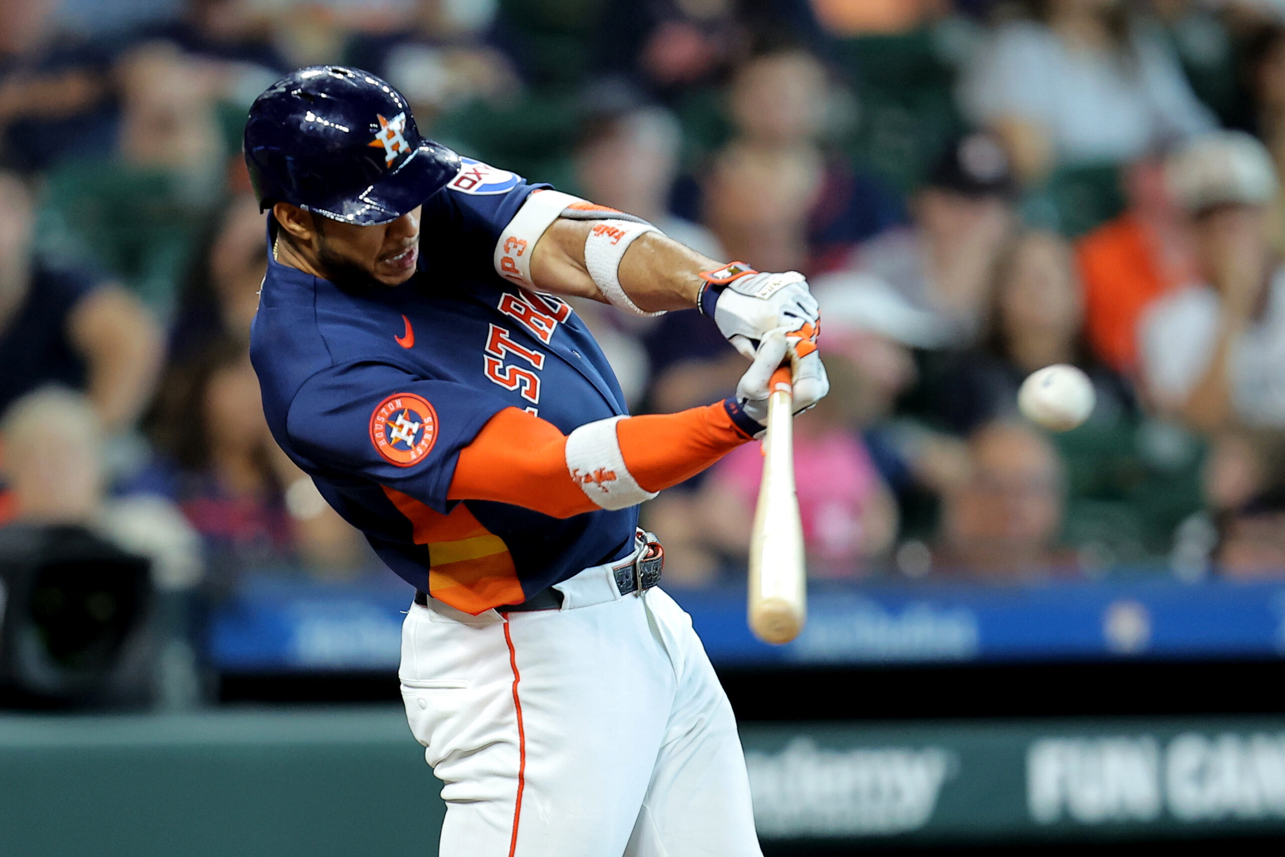 May 31, 2026; Houston, Texas, USA; Houston Astros shortstop Jeremy Peña (3) hits a single against the Milwaukee Brewers during the third inning at Daikin Park. Mandatory Credit: Erik Williams-Imagn Images